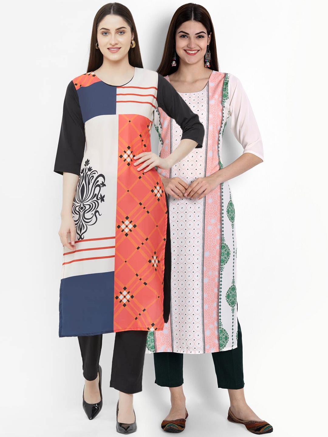 

Ethnic basket Women Set of 2 Multi Colourblocked Crepe Kurtas