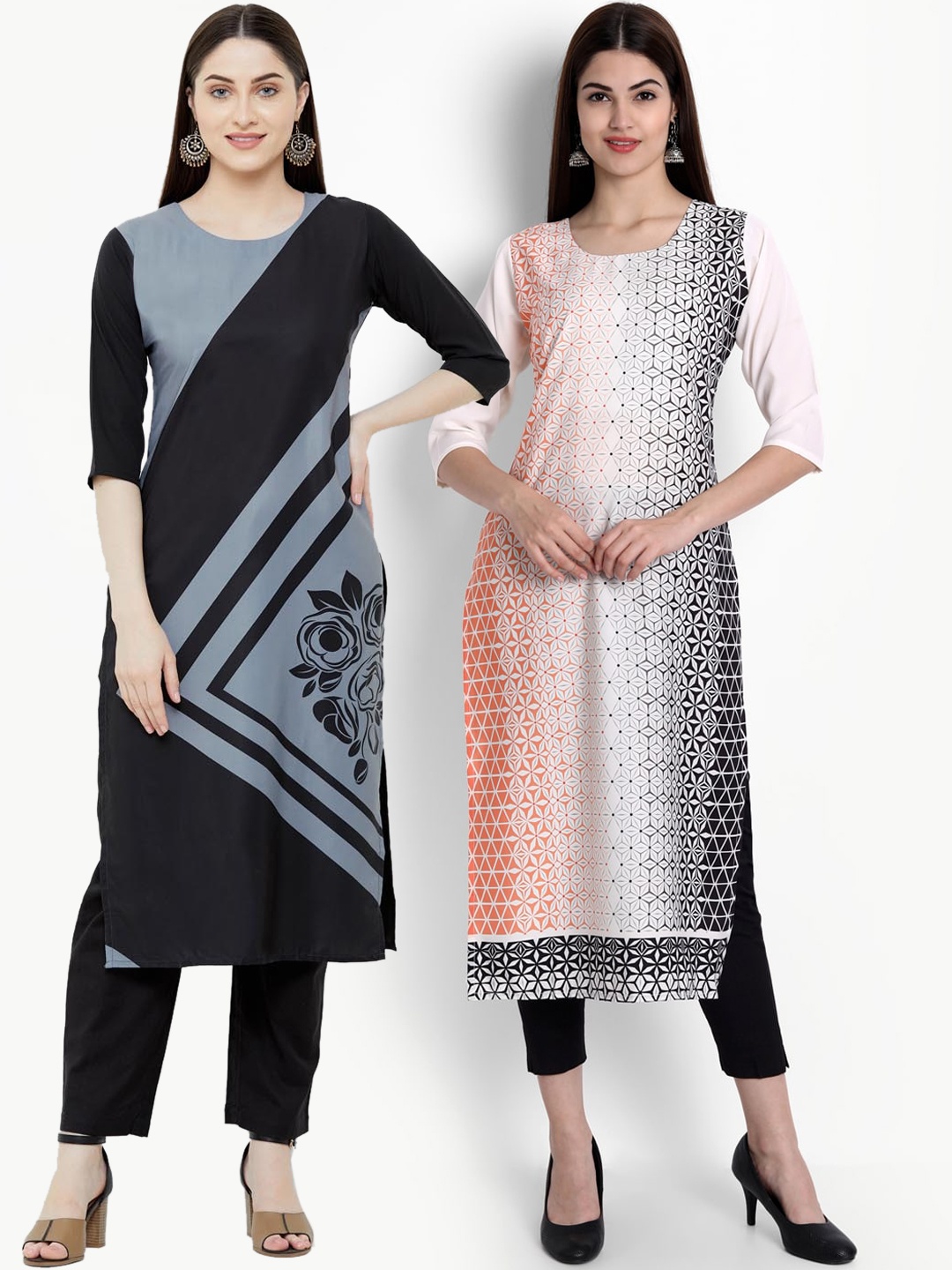 

Ethnic basket Women Pack Of 2 Grey & White Printed Crepe Kurta