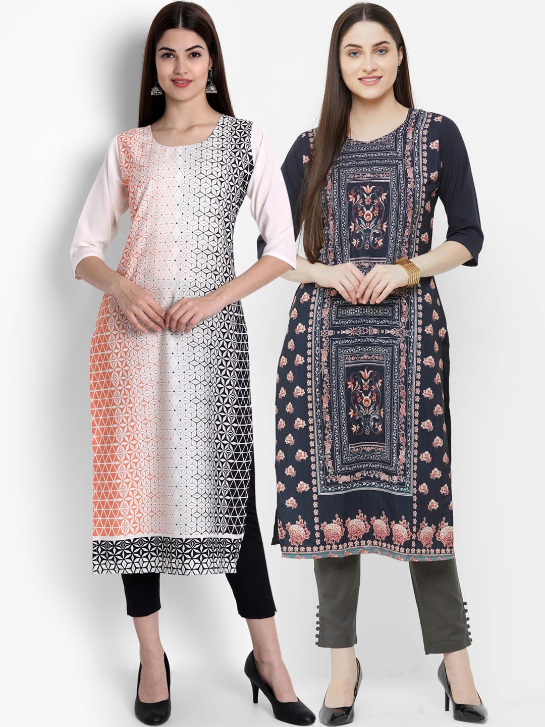 

Ethnic basket Women Navy Blue & Pink Pack Of 2 Ethnic Motifs Printed Crepe Kurtas