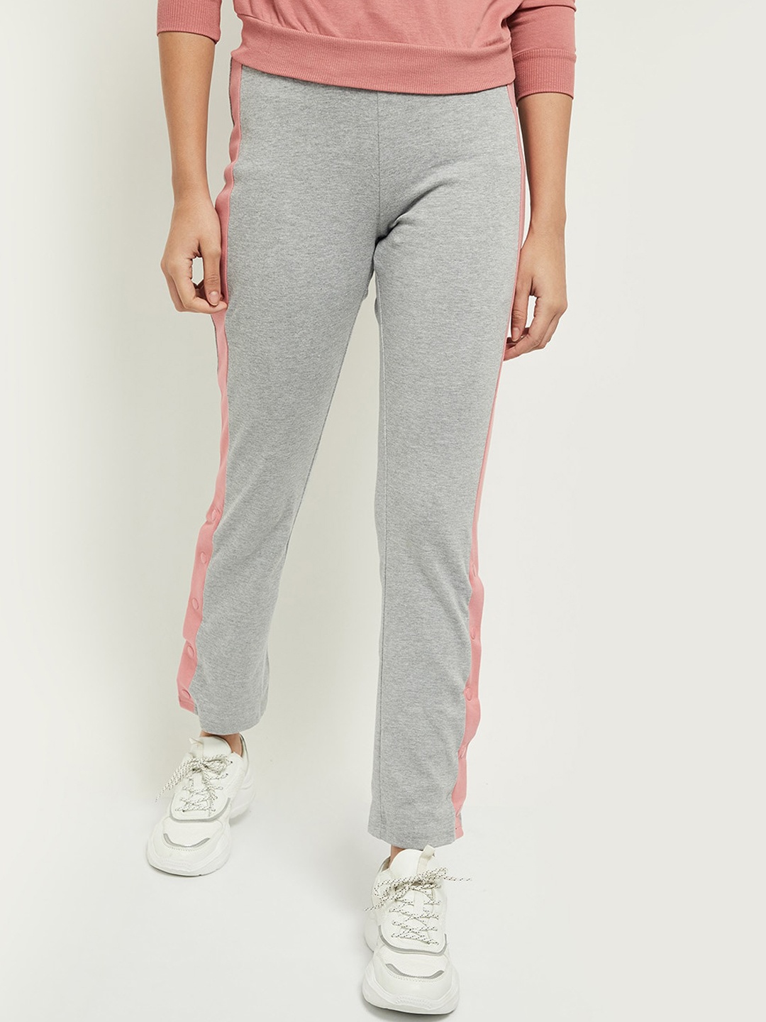 

max Women Grey Melange & Pink Solid Track Pants