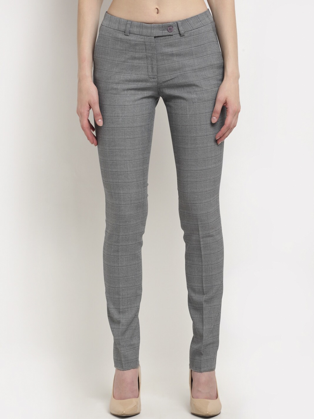 

Crozo By Cantabil Women Grey Checked Trousers