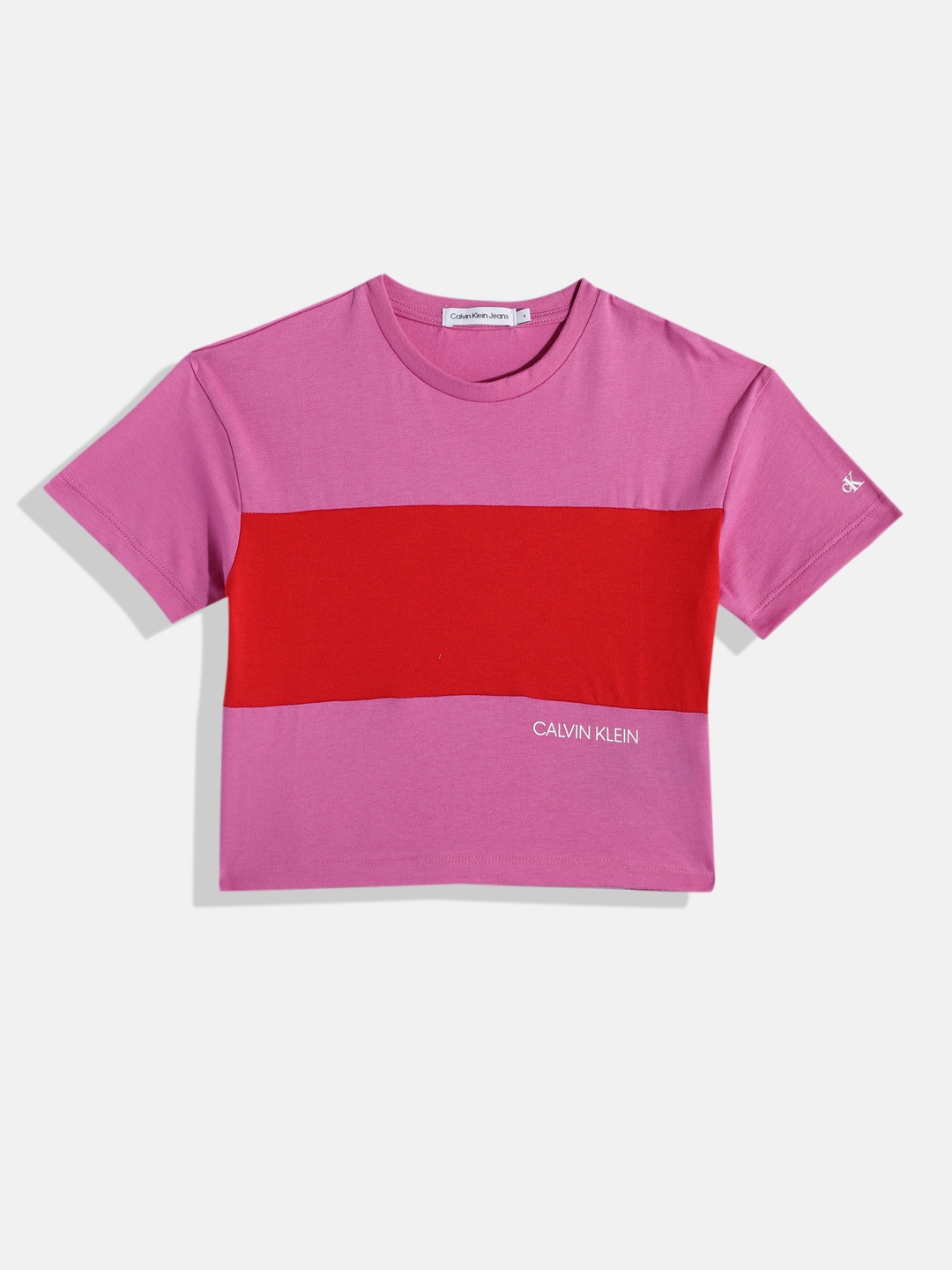 

Calvin Klein Jeans Girls Colourblocked Drop-Shoulder Sleeves Organic Cotton Boxy T-shirt, Pink