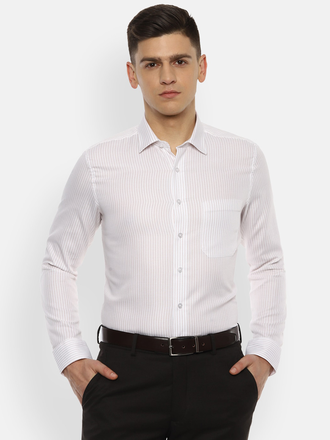 

Louis Philippe Men White Slim Fit Striped Pure Cotton Formal Shirt