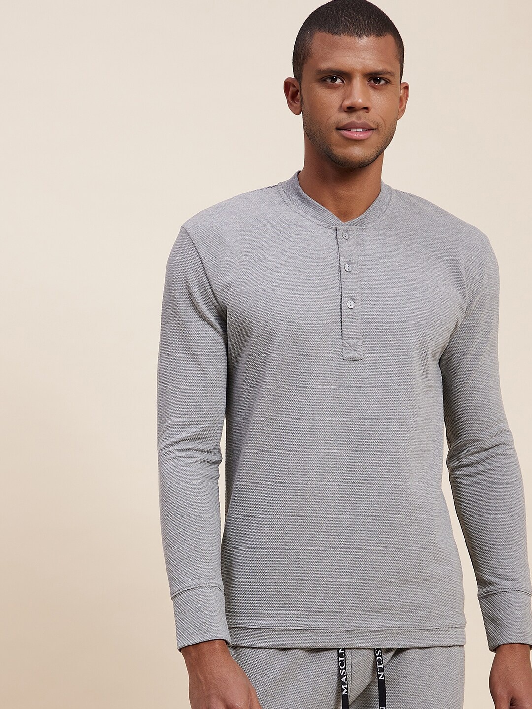 

MASCLN SASSAFRAS Men Grey Melange Self-Design Knits Regular Fit Henley T-shirt