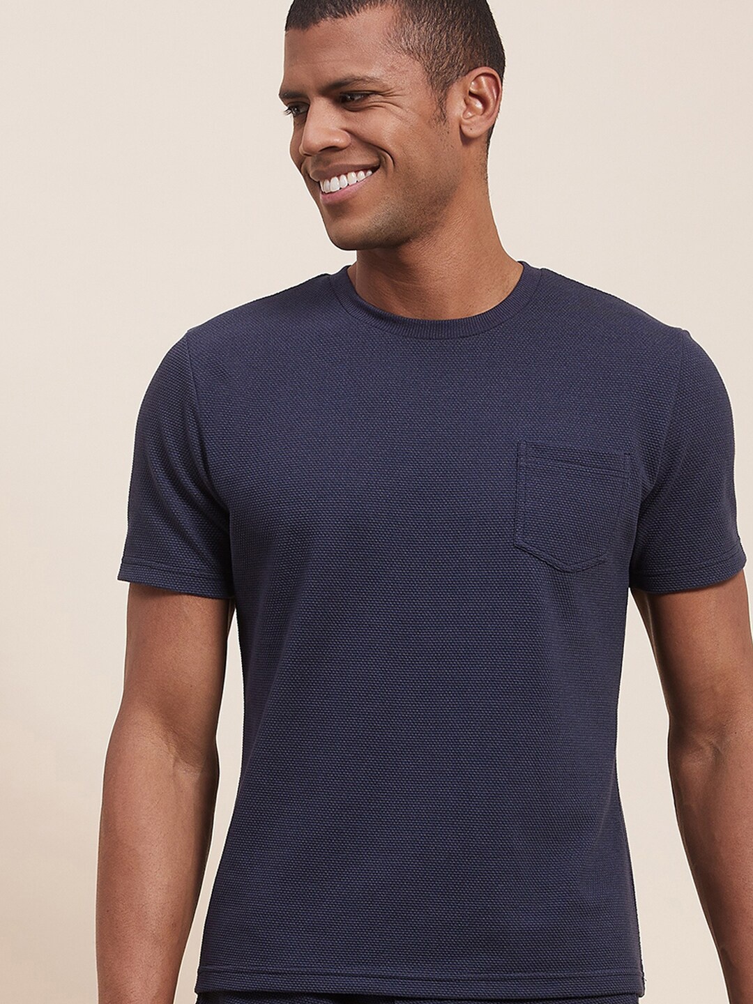 

MASCLN SASSAFRAS Men Navy Blue Self-Design Slim Fit T-shirt
