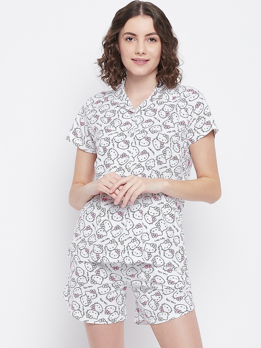 

Clovia Woman Cotton Hello Kitty Button Down Shirt with Shorts, White