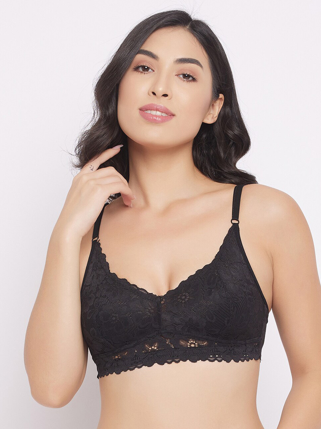 

Clovia Black Floral Lace Cotton Bralette Bra
