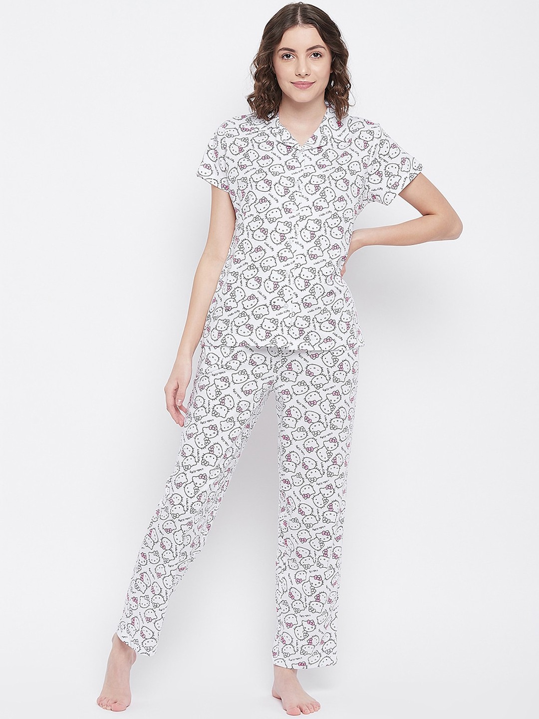 

Clovia Women White Printed Pure Cotton Night suit