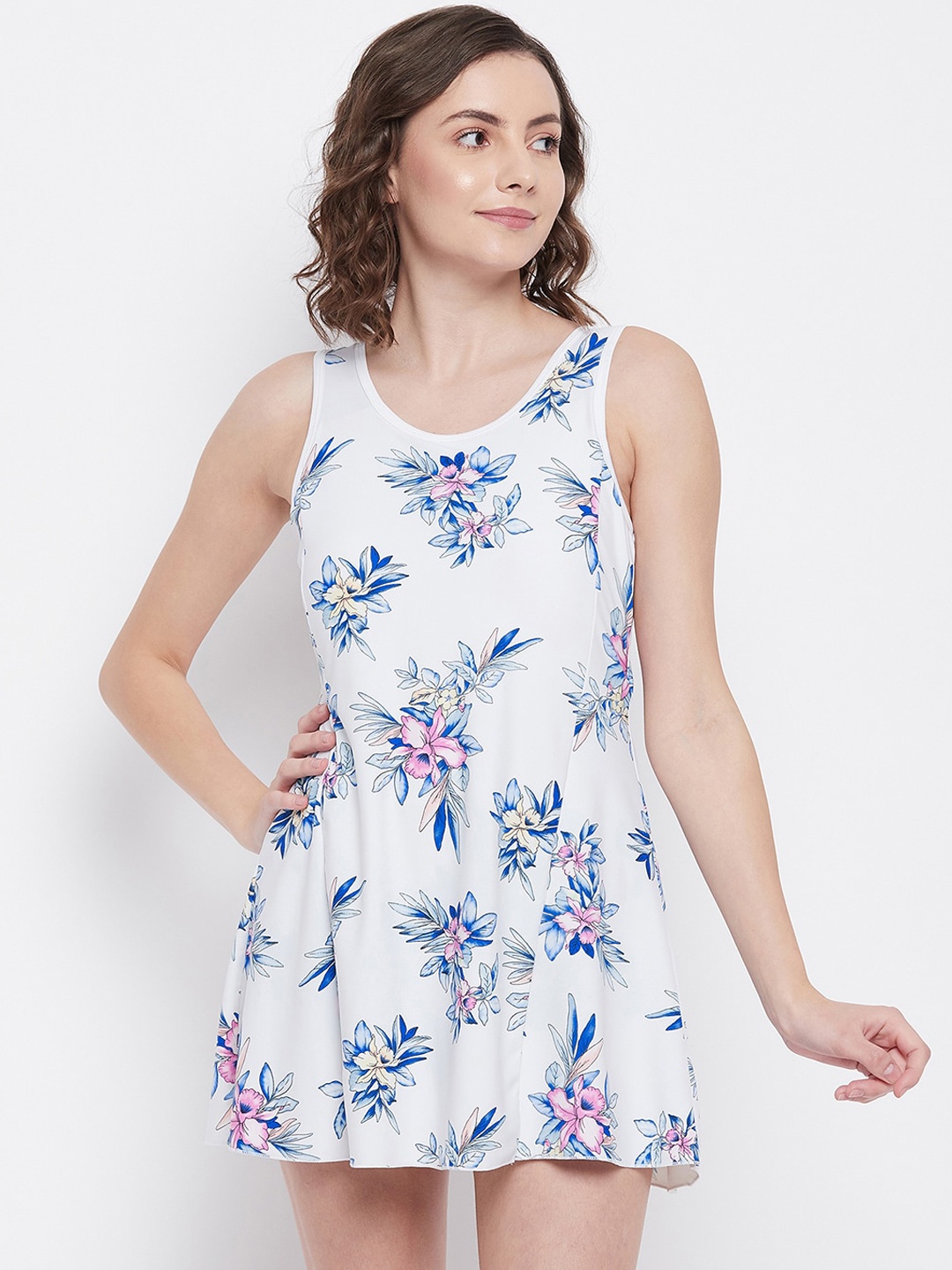 

Clovia Women White & Blue Floral Printed Swimming Dress