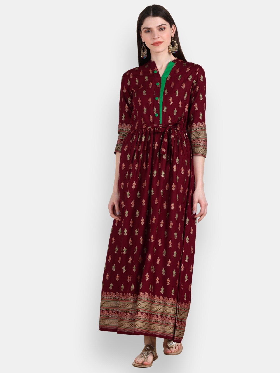 

VEDANA Maroon Floral Ethnic Maxi Dress