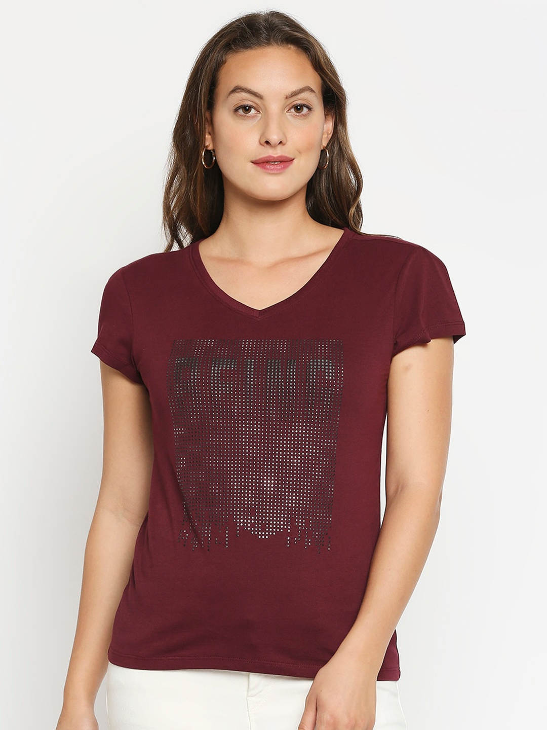 

Being Human Woman Red Typography Printed V-Neck T-shirt