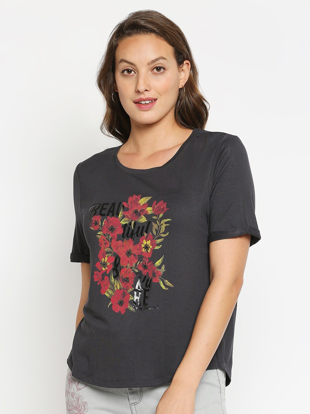 

Being Human Women Grey & Red Floral Printed T-shirt