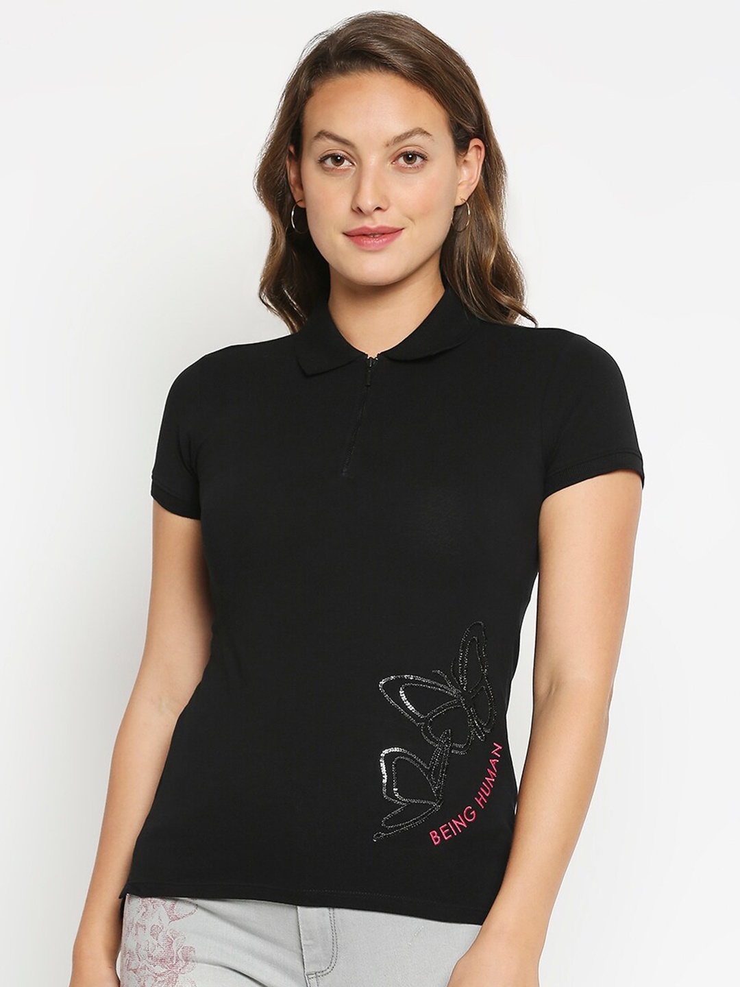 

Being Human Women Black Printed Polo Collar T-shirt