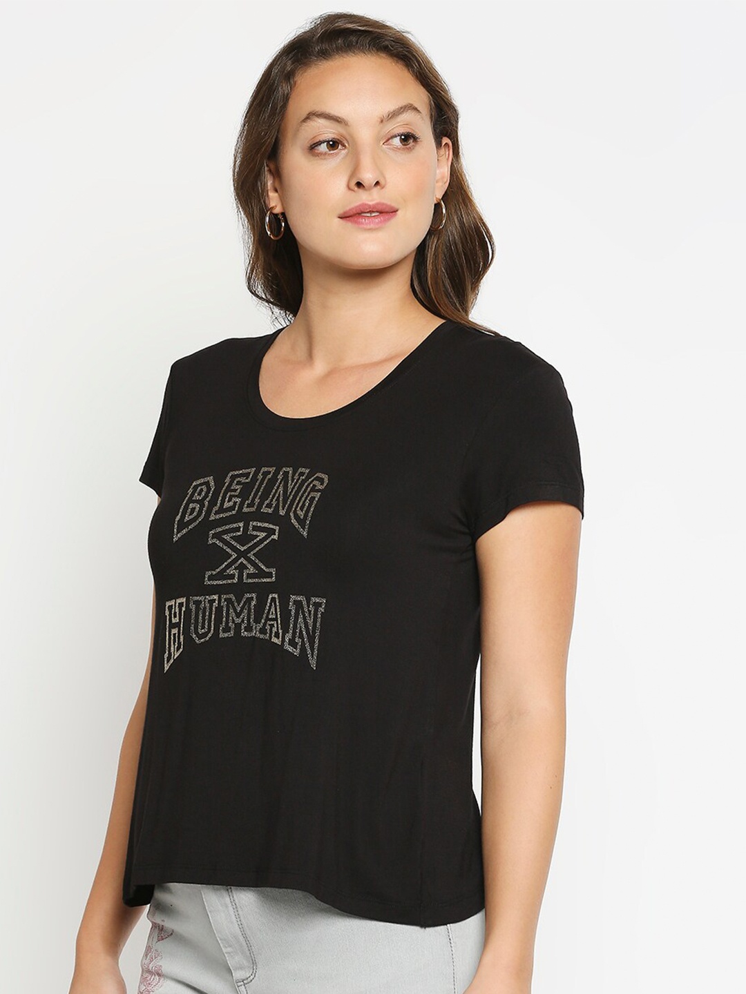 

Being Human Women Black Typography Printed T-shirt