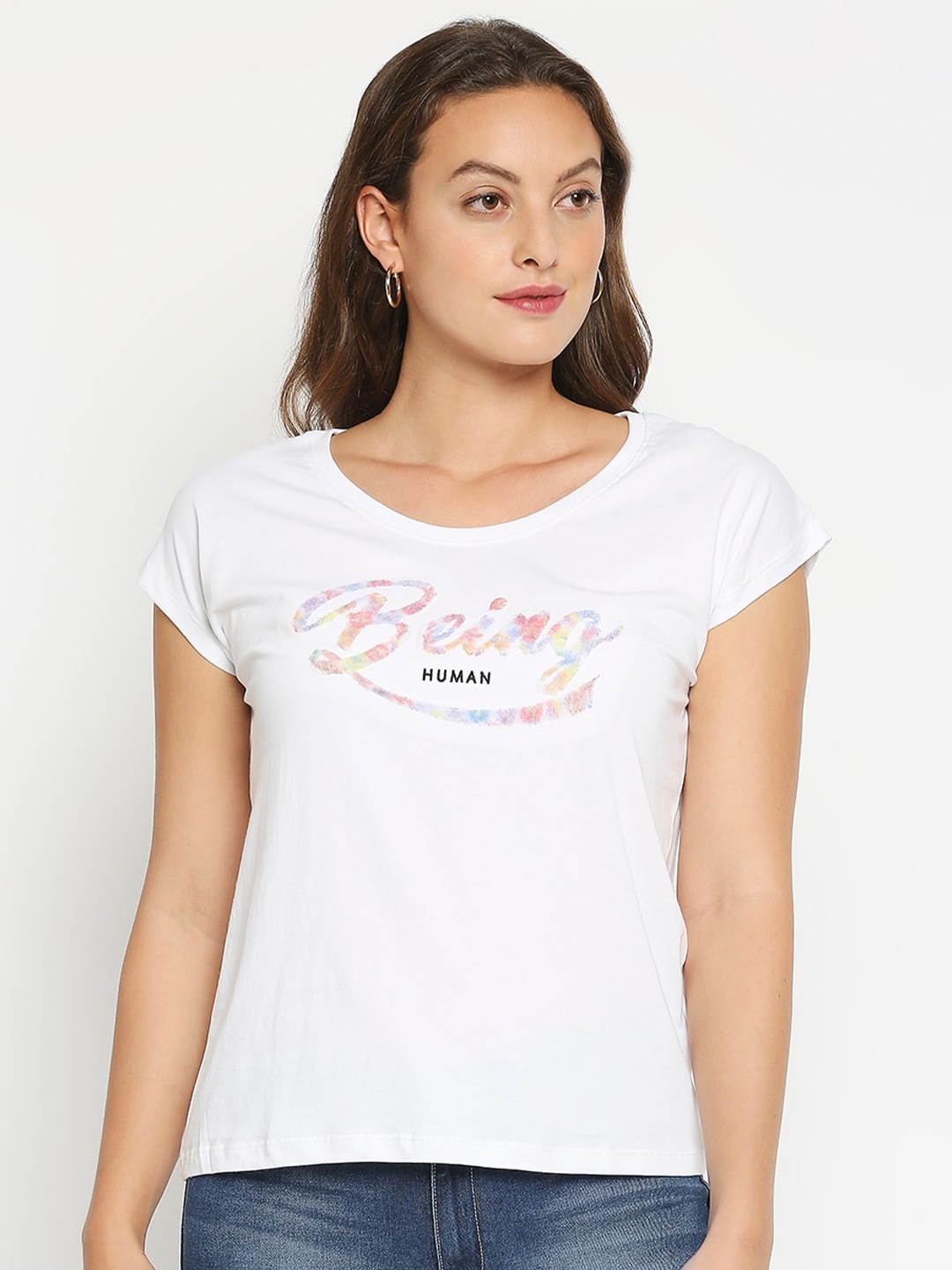 

Being Human Women White Brand Logo Printed Extended Sleeves Pure Cotton T-shirt