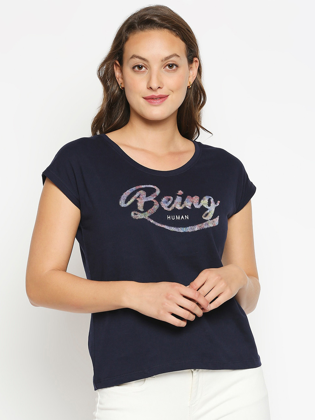 

Being Human Women Navy Blue Typography Extended Sleeves T-shirt