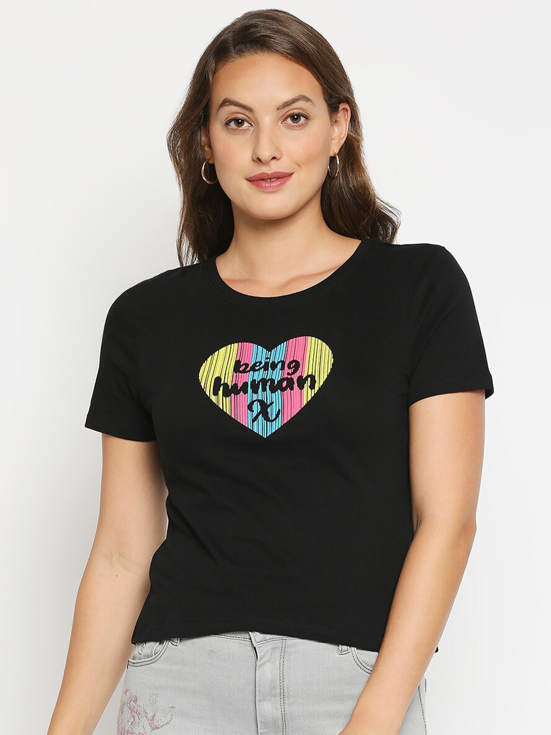 

Being Human Women Black Typography Printed T-shirt