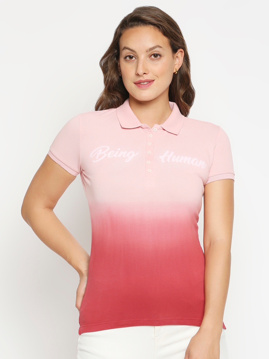 

Being Human Women Pink & White Dyed Polo Collar T-shirt