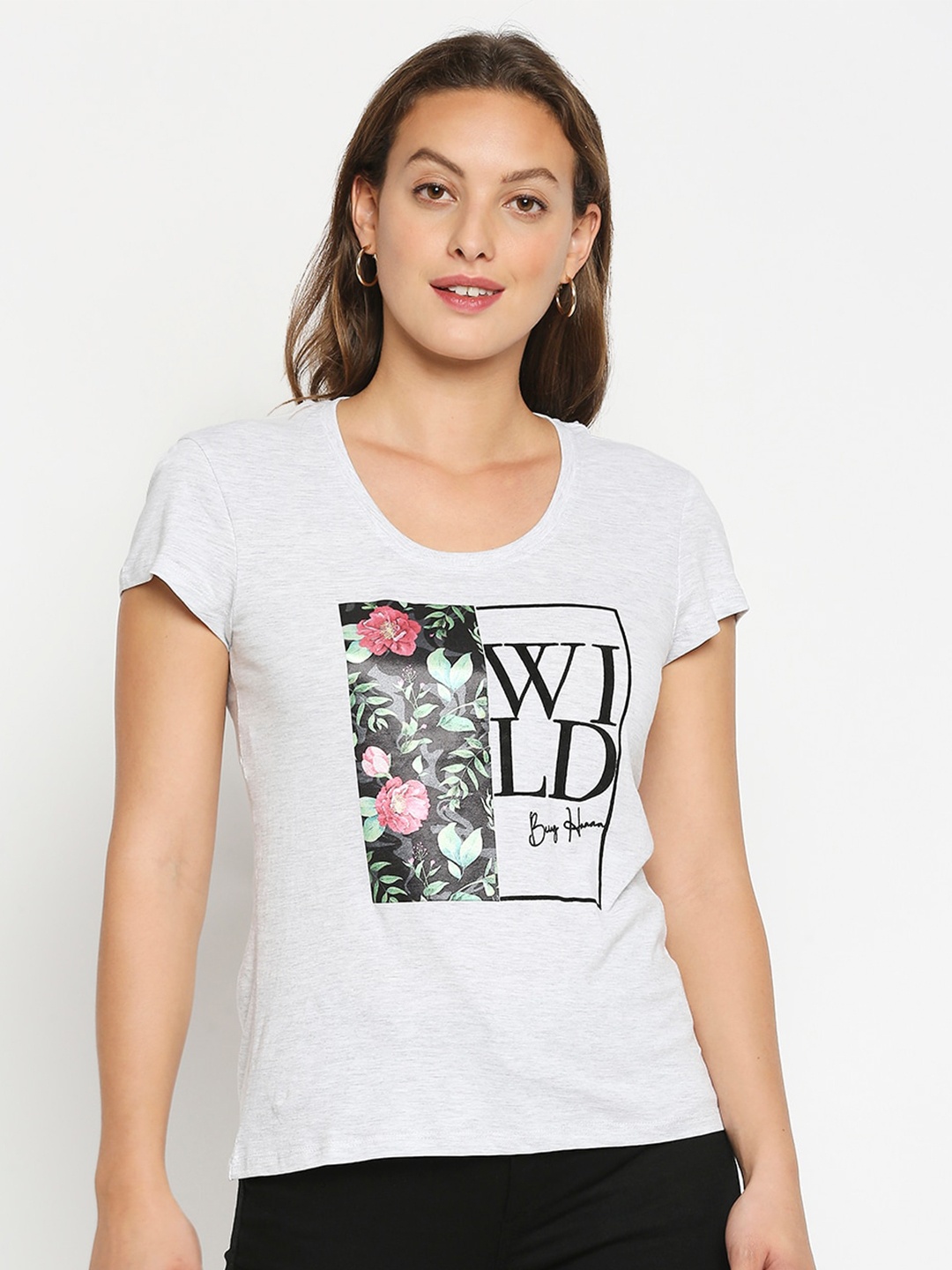 

Being Human Women Grey Melange Printed T-shirt