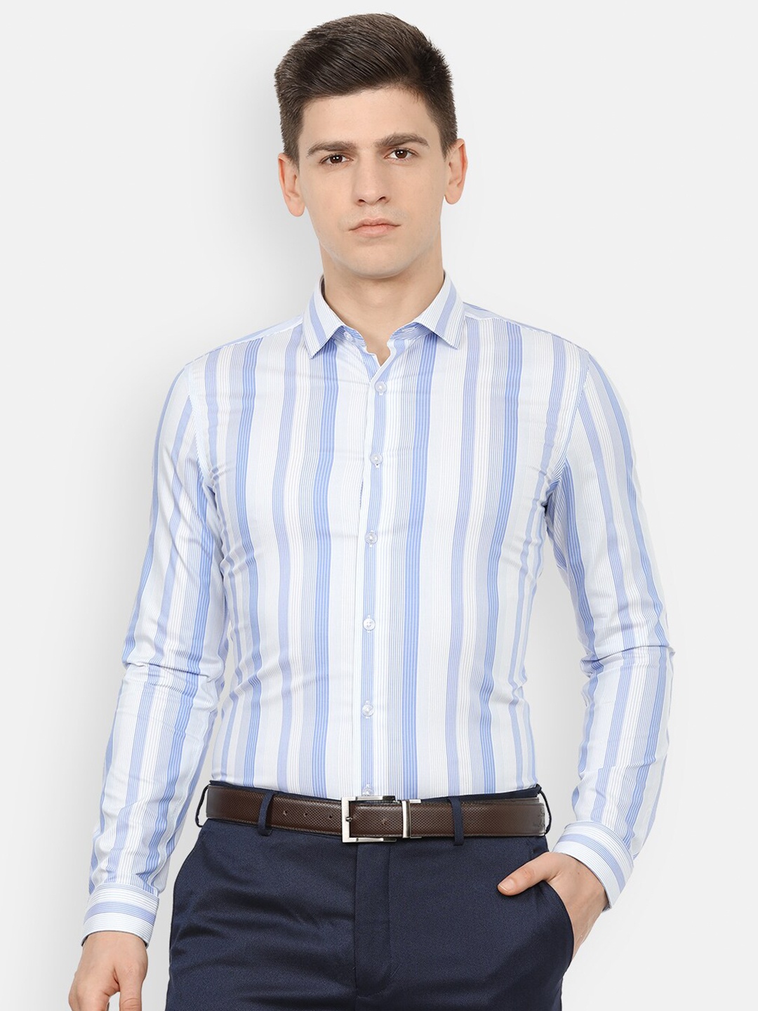 

Louis Philippe Men Blue Slim Fit Striped Formal Shirt