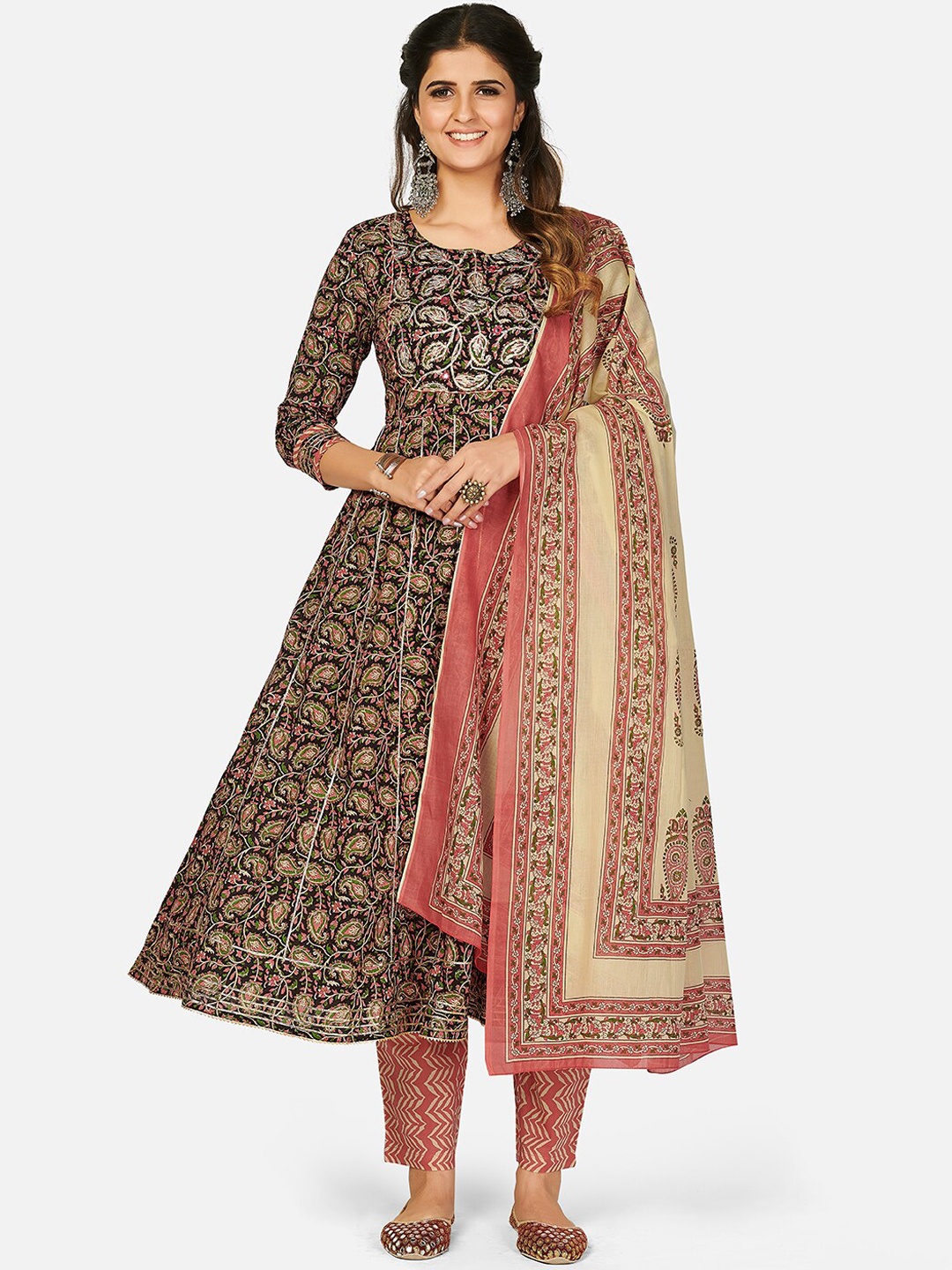 Vbuyz Women Coral Printed Panelled Pure Cotton Kurta with Trousers & With Dupatta
