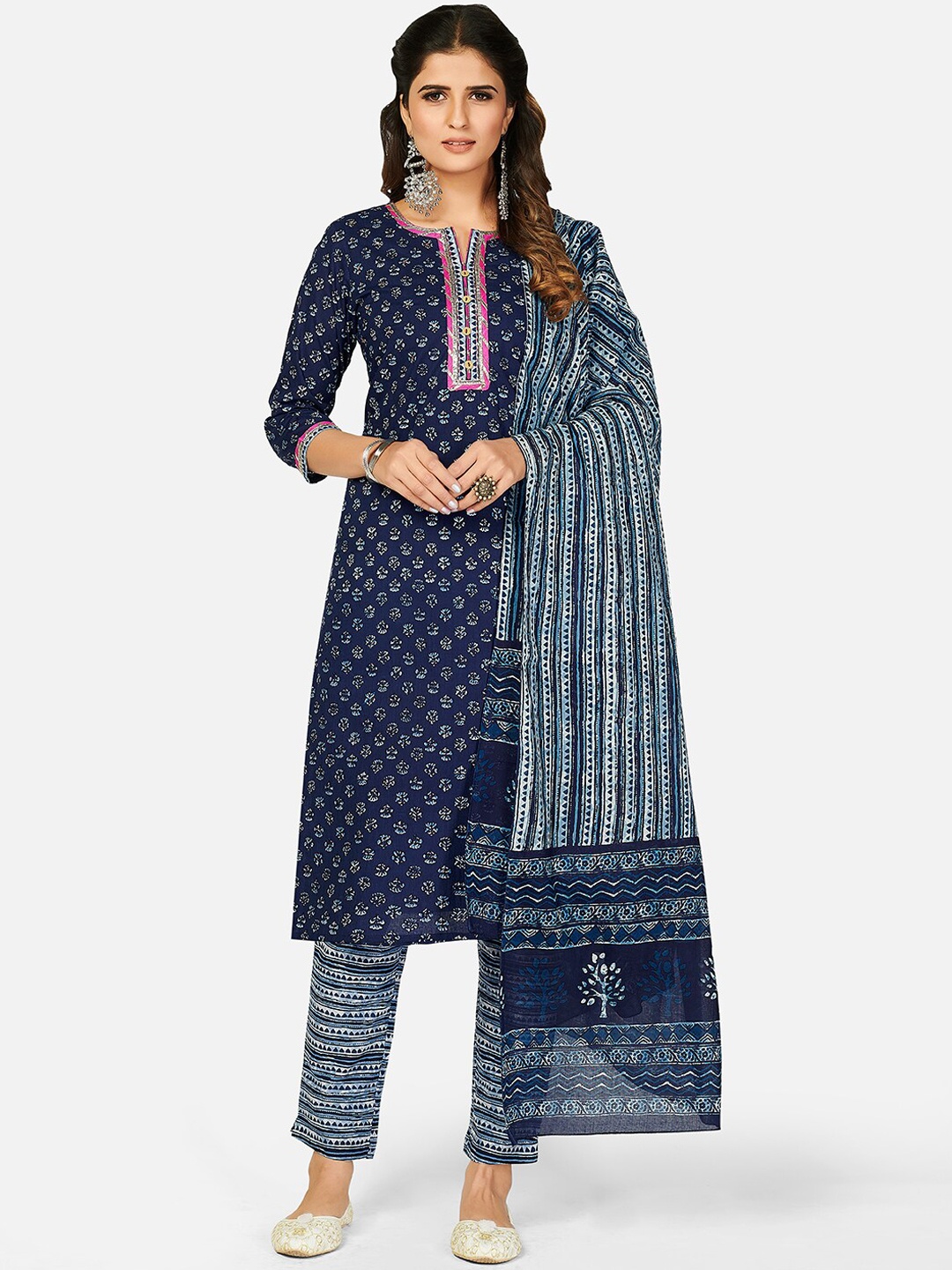 

Vbuyz Women Blue Printed Pure Cotton Kurta with Trousers & Dupatta