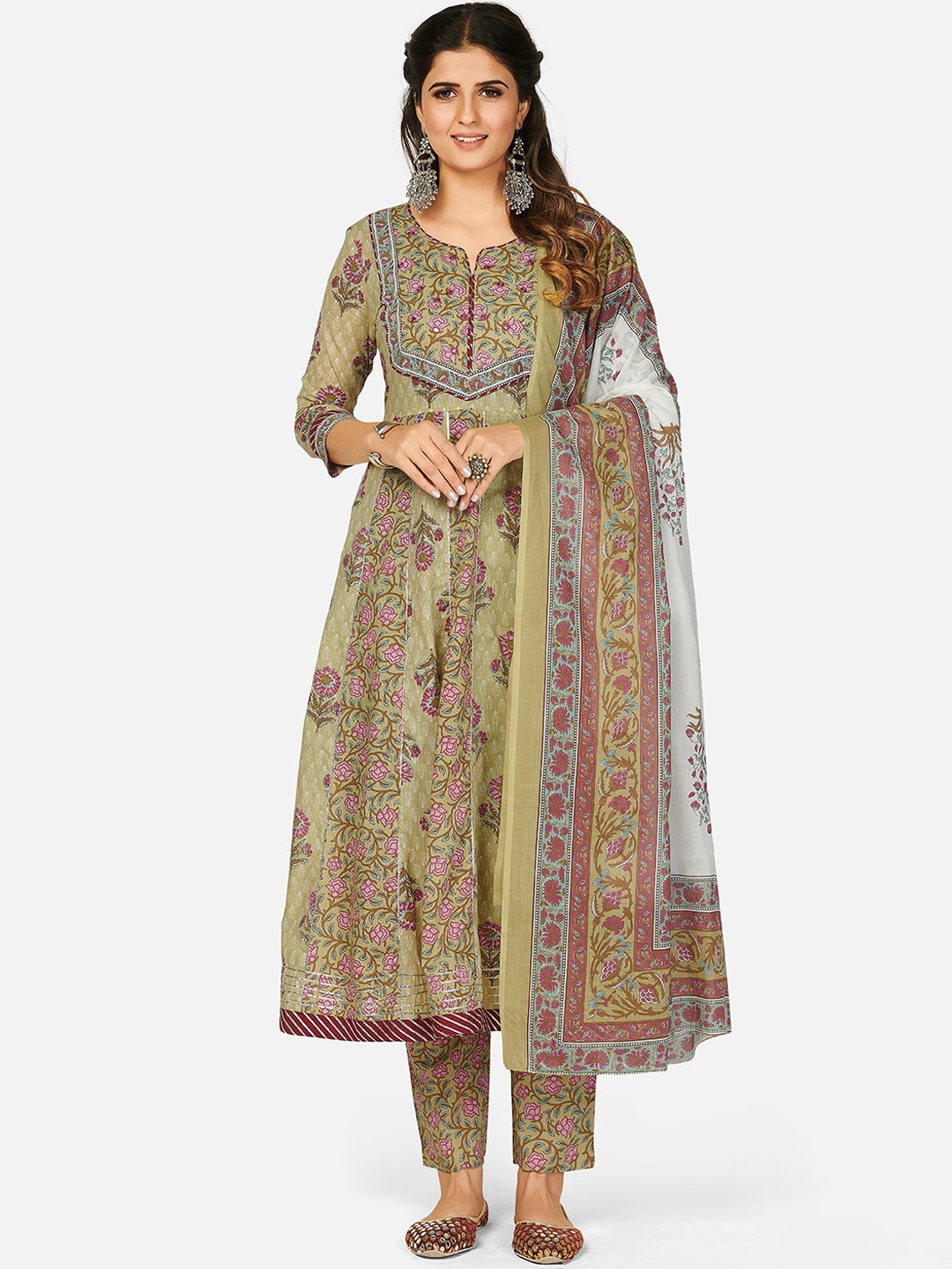 

Vbuyz Women Green Ethnic Motifs Printed Pure Cotton Kurta with Trousers & With Dupatta