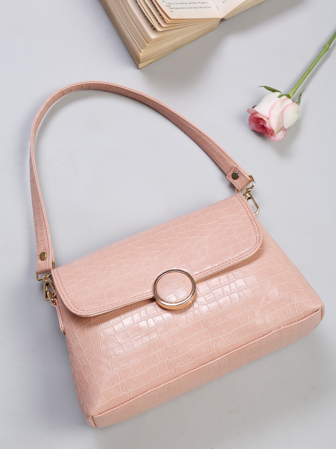 

Apsis Peach-Coloured Textured Structured Handheld Bag