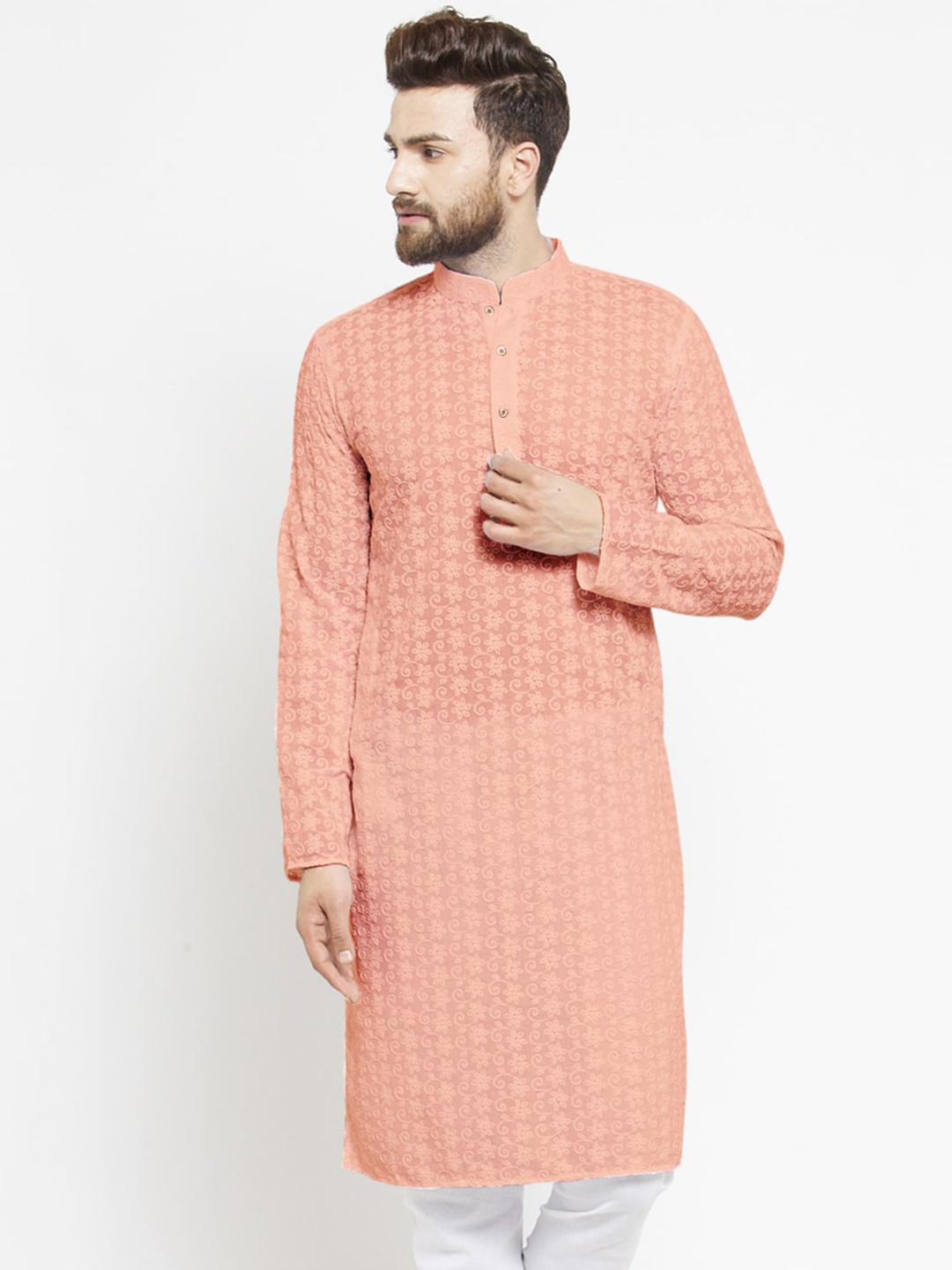 TREEMODA Men Pink Thread Work Floral Kurta