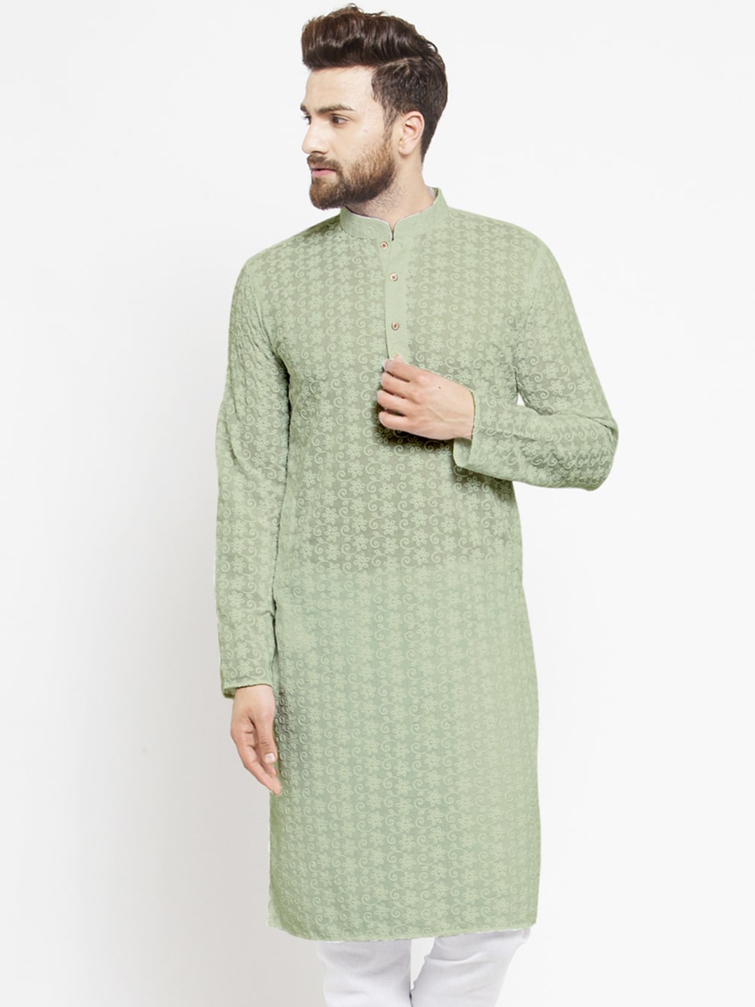 TREEMODA Men Green Floral Chikankari Floral Kurta