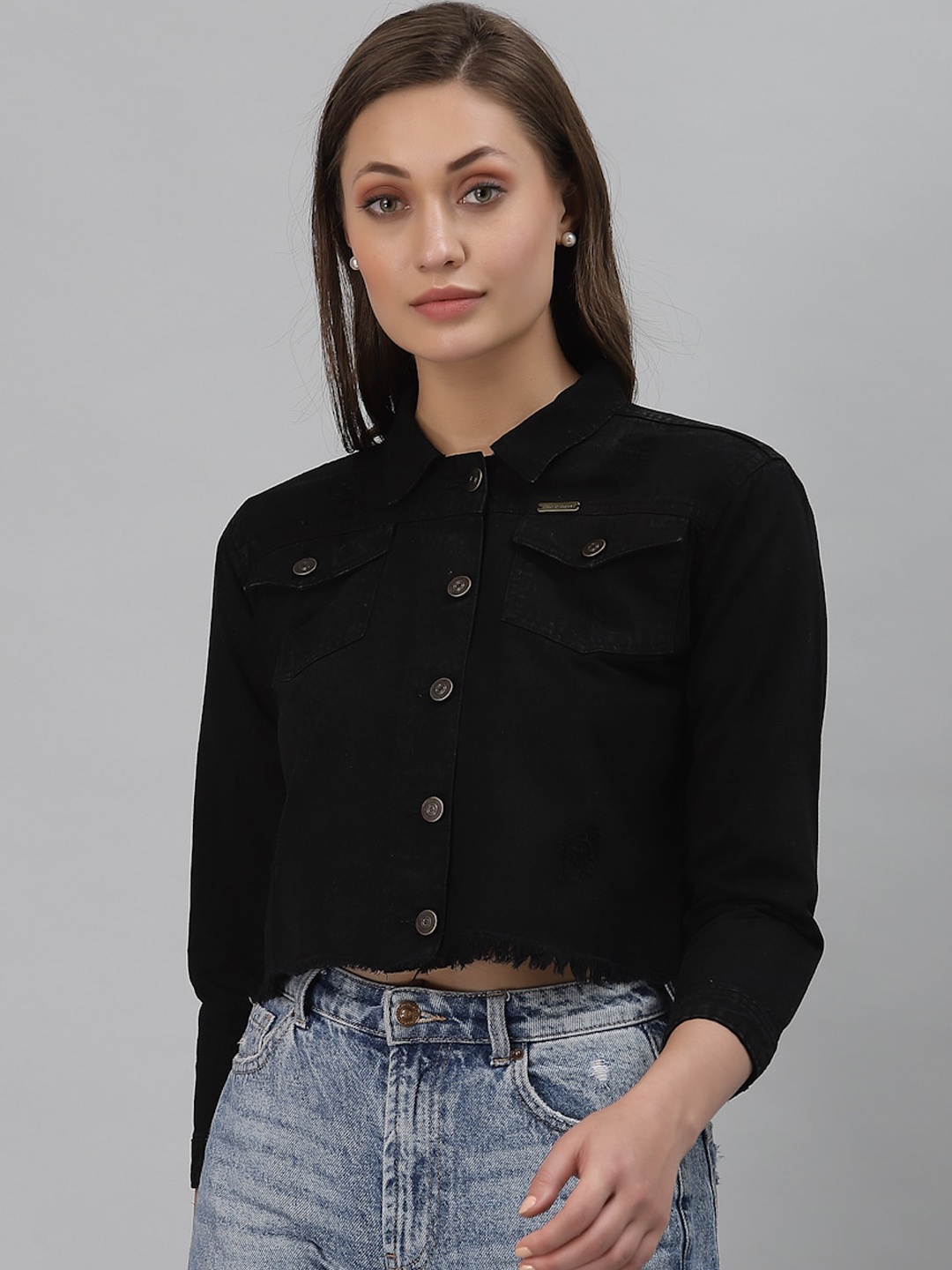 

River Of Design Jeans Women Black Lightweight Crop Denim Jacket