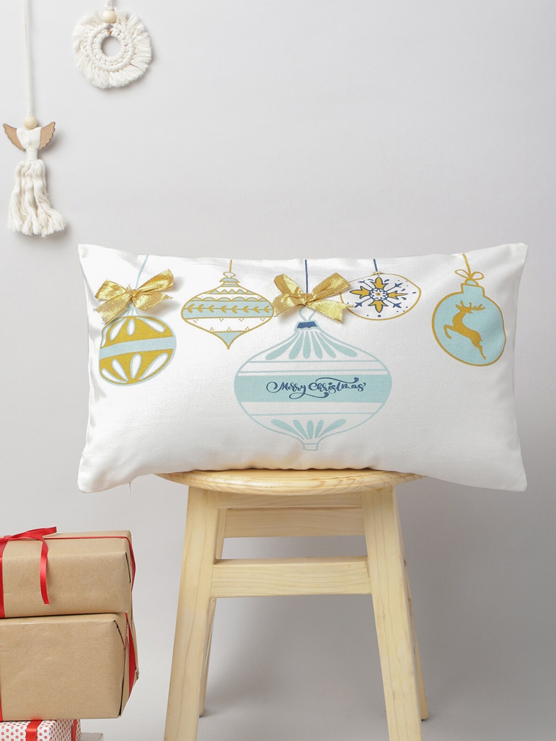 

The Yellow Dwelling White & Gold-Toned Christmas Baubles Rectangle Cotton Cushion Cover