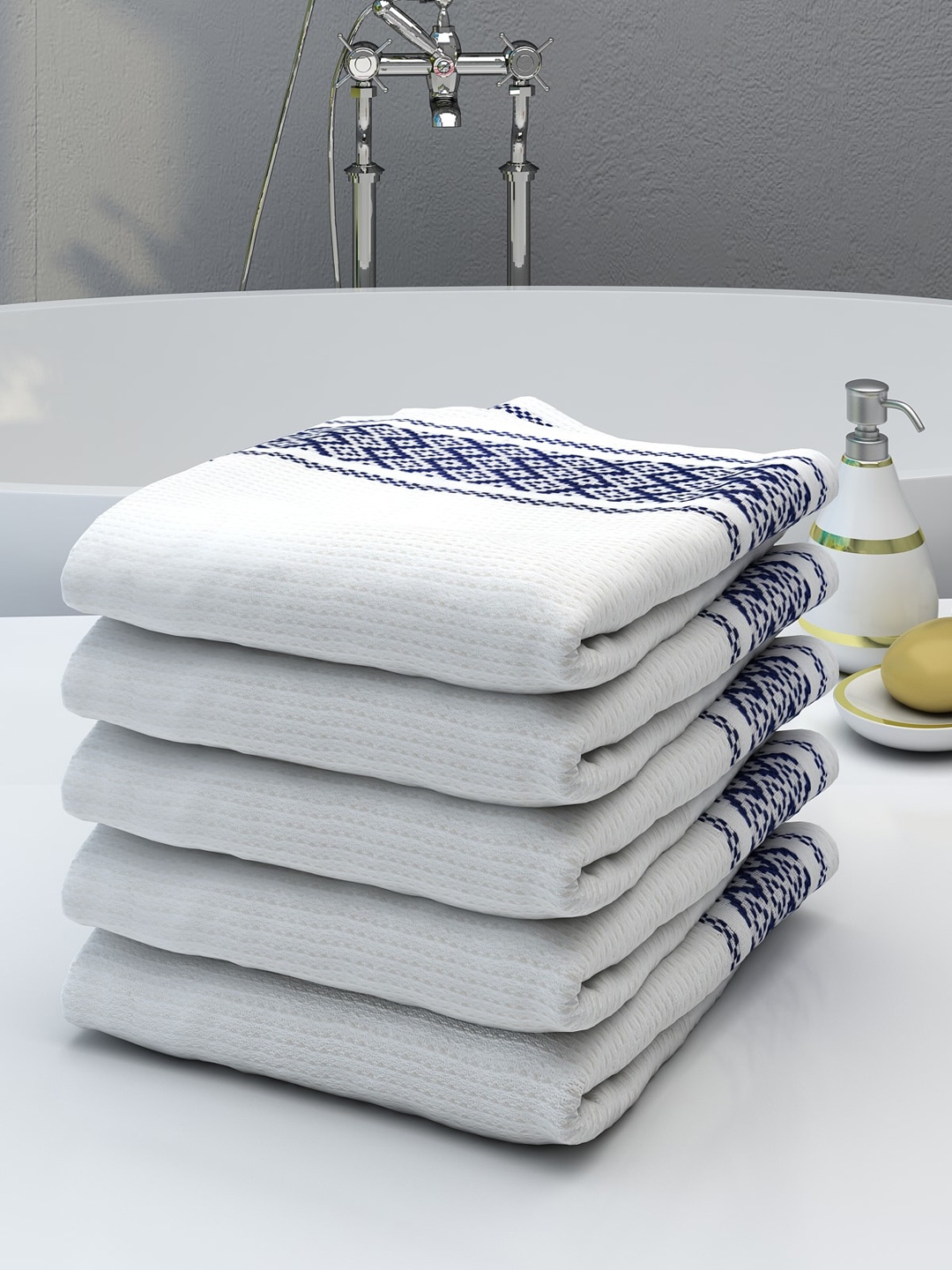 

Athom Trendz Pack of 5 White & Blue Solid 210 GSM Pure Cotton Bath Towels