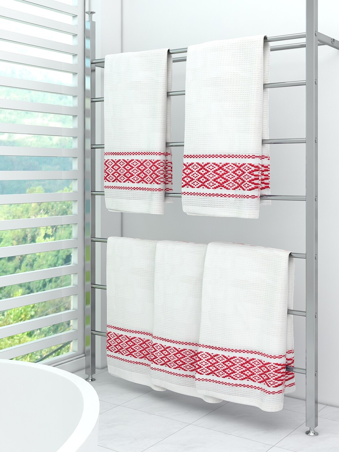 

Athom Trendz Set Of 5 White & Red Solid Pure Cotton 210 GSM Bath Towels