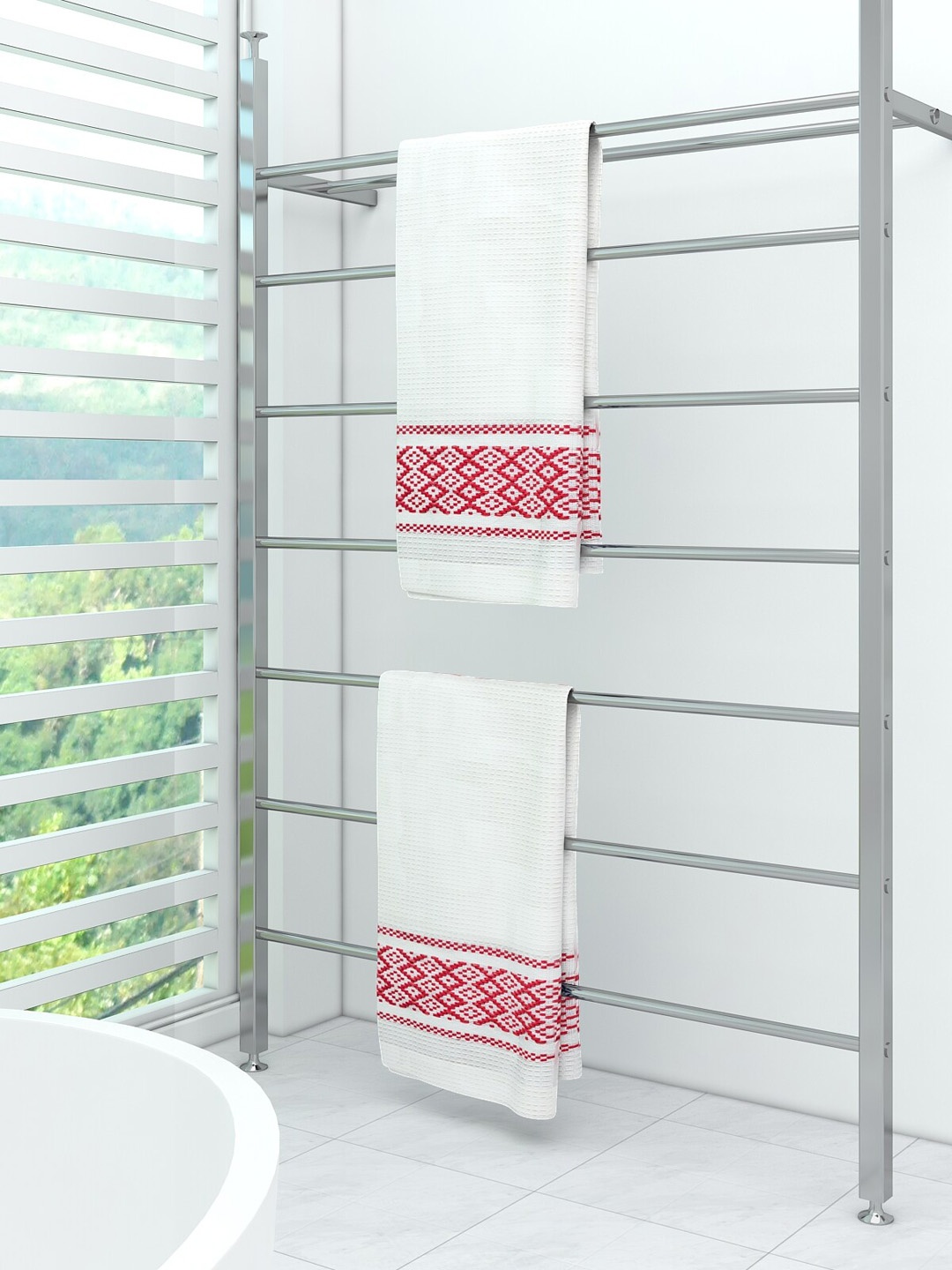 

Athom Trendz Set Of 2 210 GSM White & Red Self-Design Pure Cotton Bath Towels