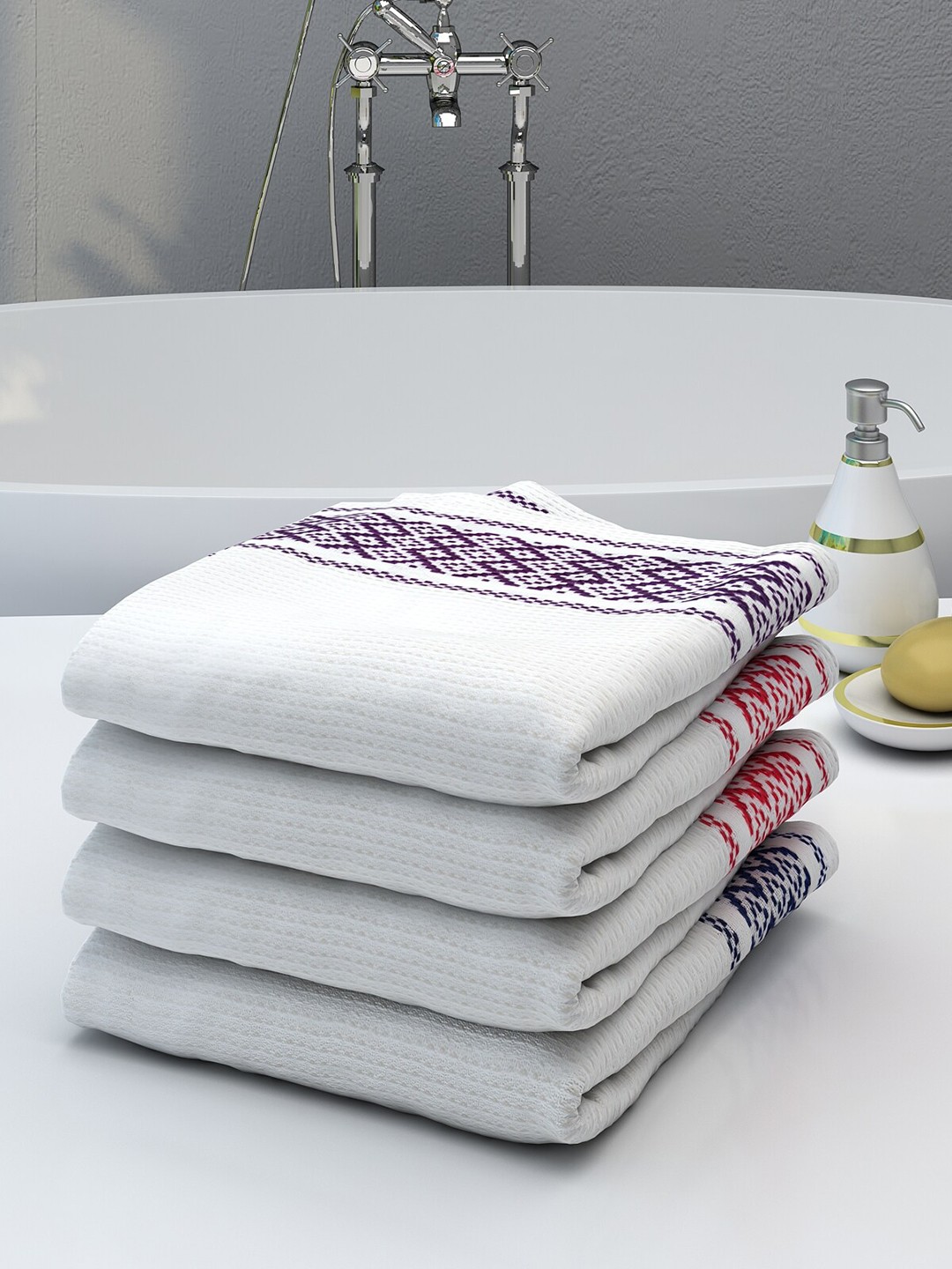

Athom Trendz Set of 4 White & Purple Striped 210 GSM Pure Cotton Bath Towels