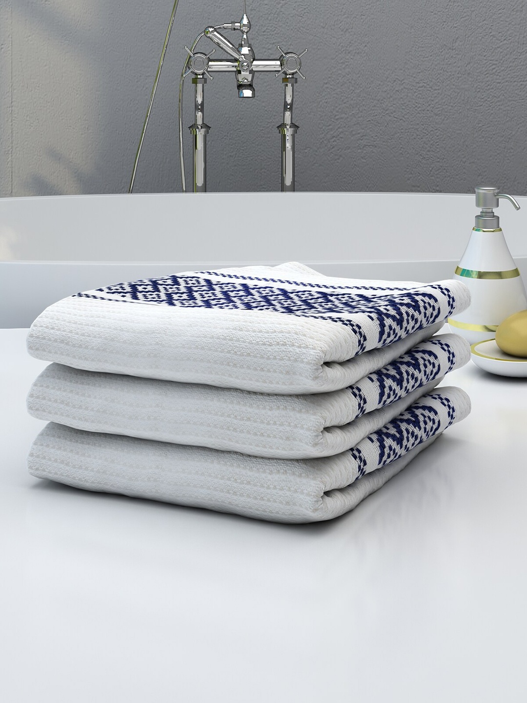 

Athom Trendz Set Of 3 White & Blue Striped 210 GSM Pure Cotton Bath Towels