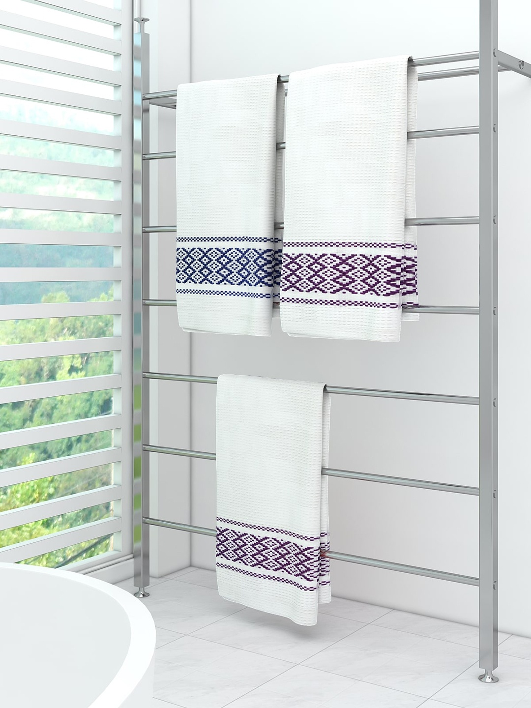 

Athom Trendz Set Of 3 White & Blue Striped Pure Cotton 210 GSM Bath Towels