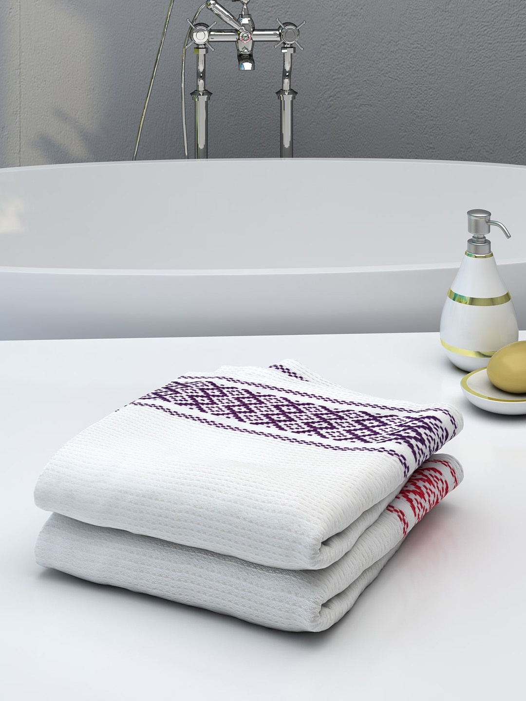 

Athom Trendz Set Of 2 Self-Design 210 GSM Pure Cotton Bath Towel, White