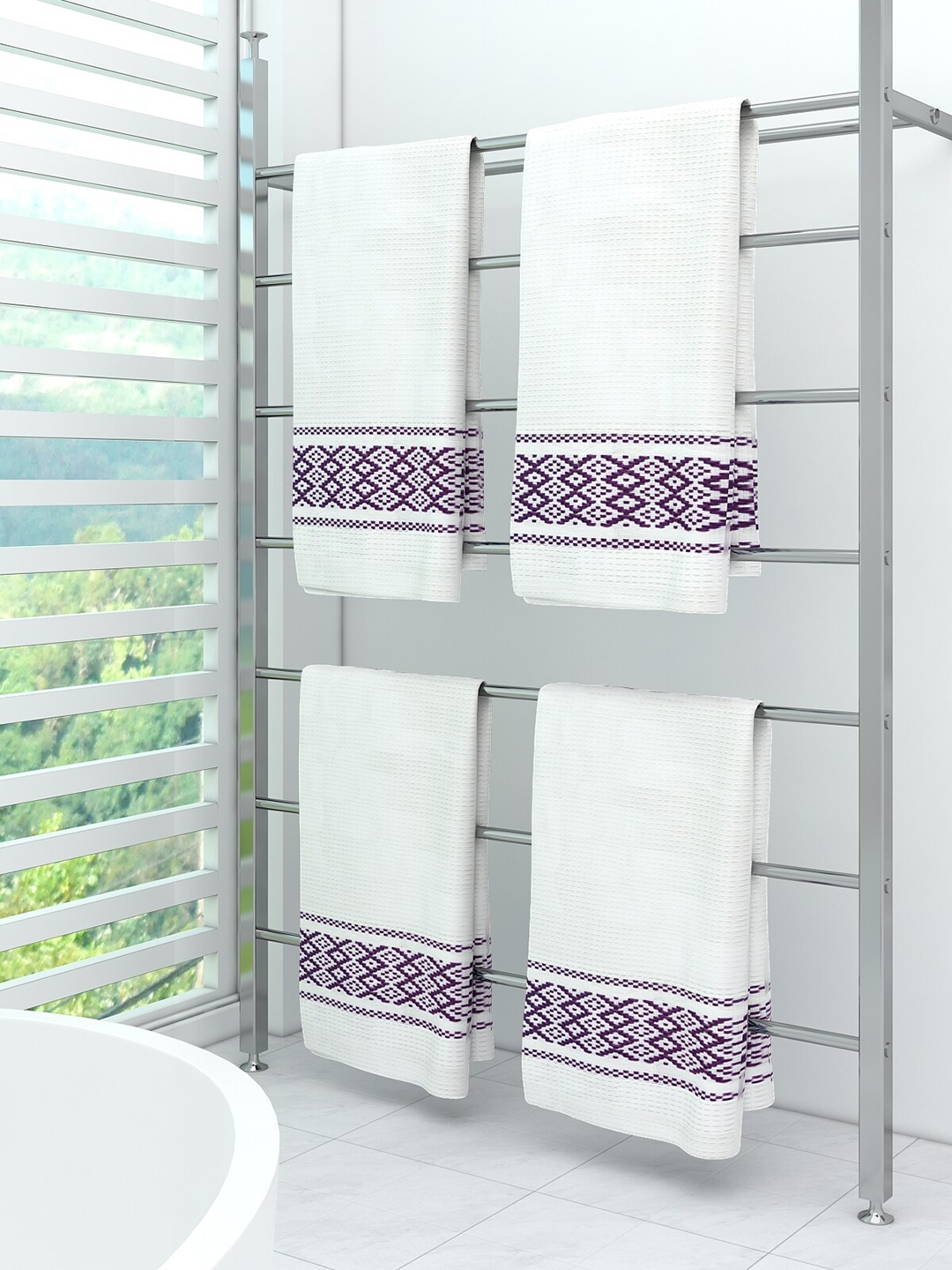 

Athom Trendz Set of 4 White & Purple Striped 210 GSM Pure Cotton Bath Towels