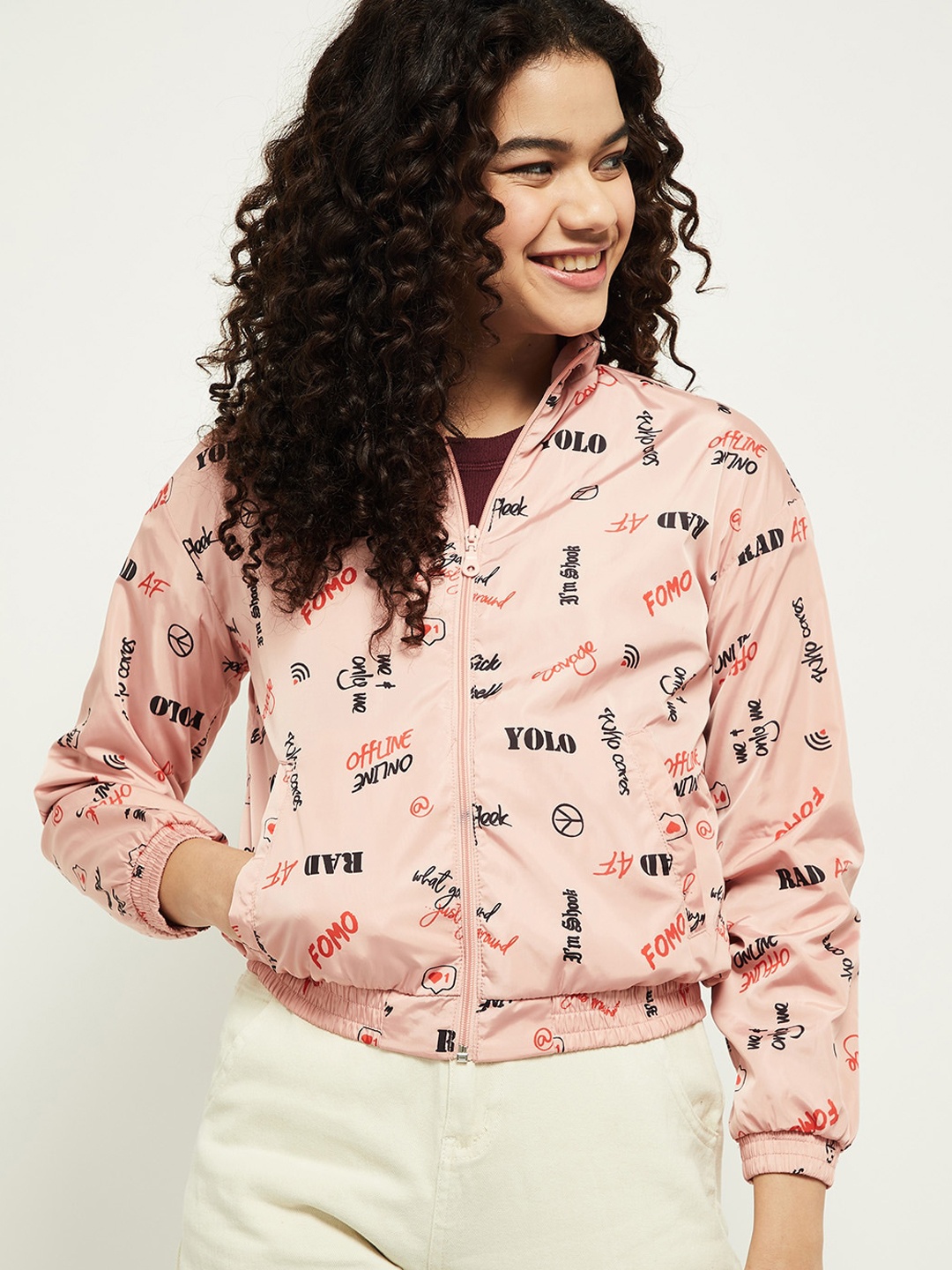 

max Women Pink Windcheater Crop Bomber Jacket