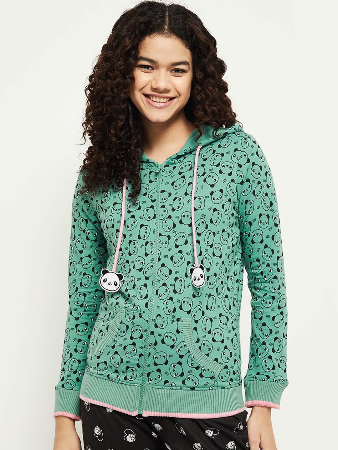

max Women Green Printed Hooded Sweatshirt