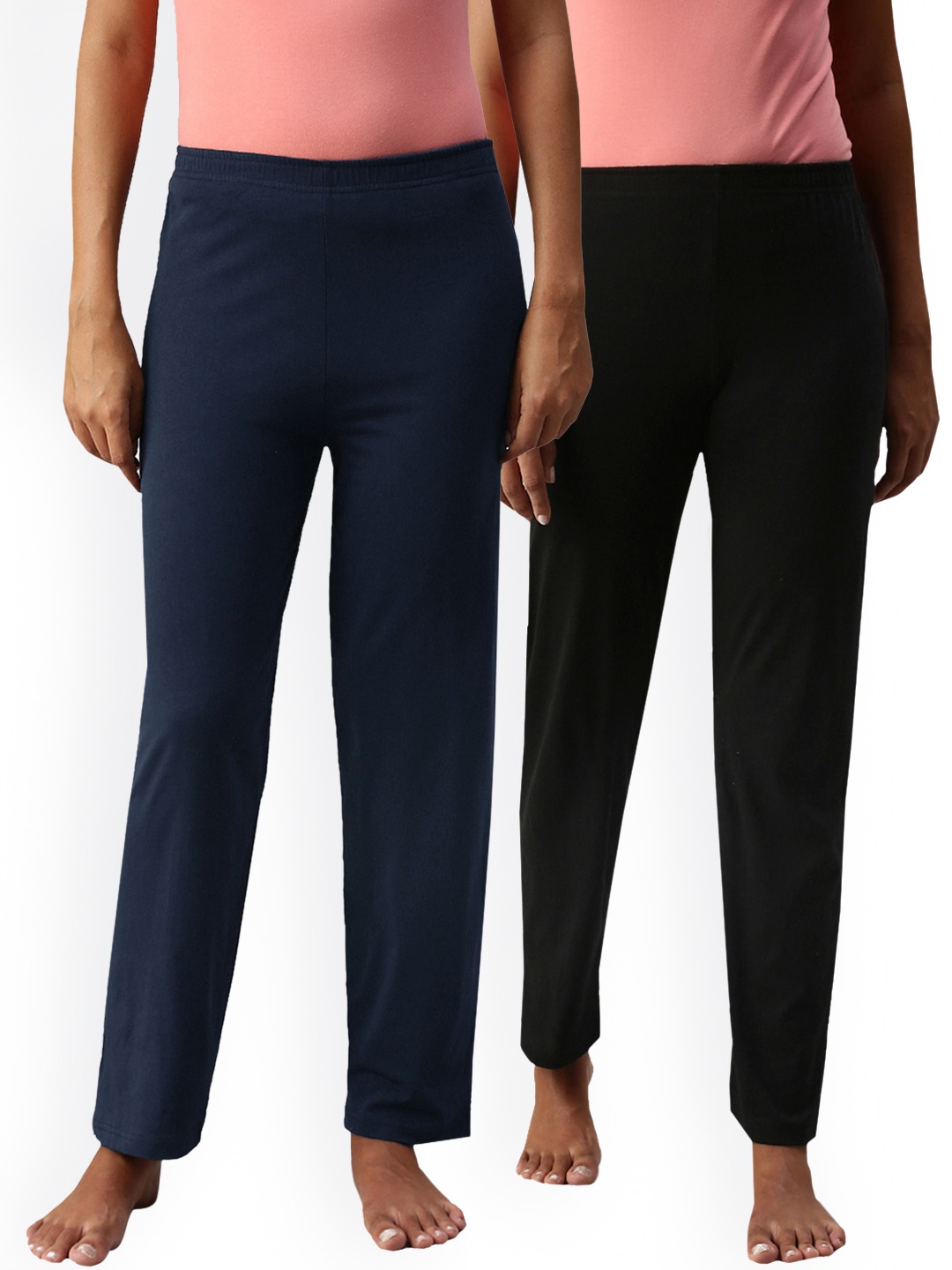 

NOT YET by us Women Navy Blue & Black Pack Of 2 Mid Rise Solid Lounge Pants