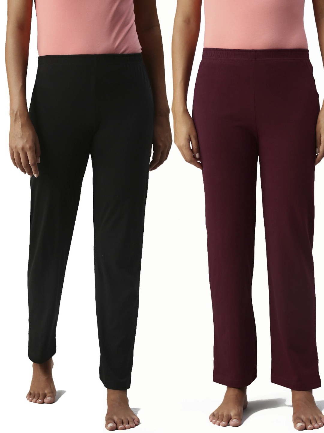 

NOT YET by us Women Pack Of 2 Black & Maroon Cotton Mid Rise Solid Lounge Pants
