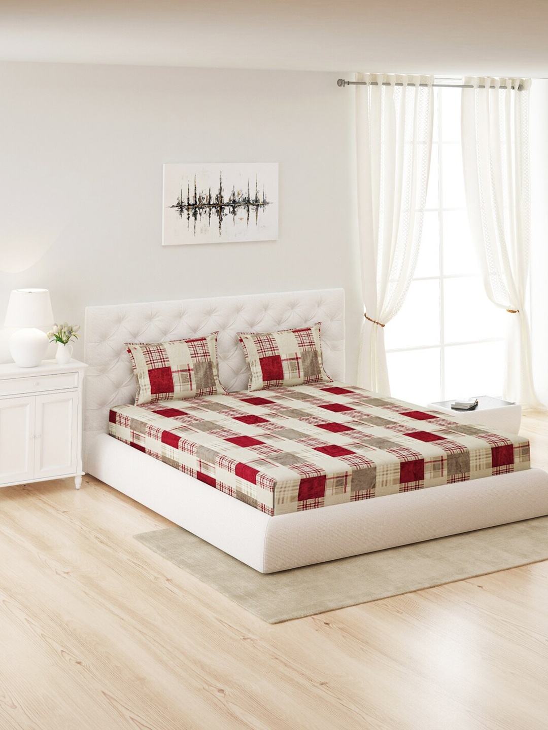 

Monte Carlo Beige & Maroon Printed 300 GSM Queen Bedsheet with 2 Pillow Cover