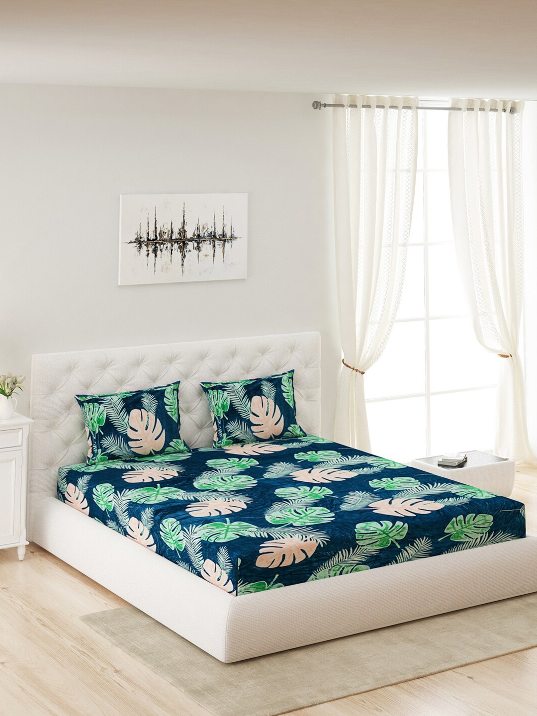 

Monte Carlo Navy Blue & Green Floral 300 GSM Queen Bedsheet with 2 Pillow Covers