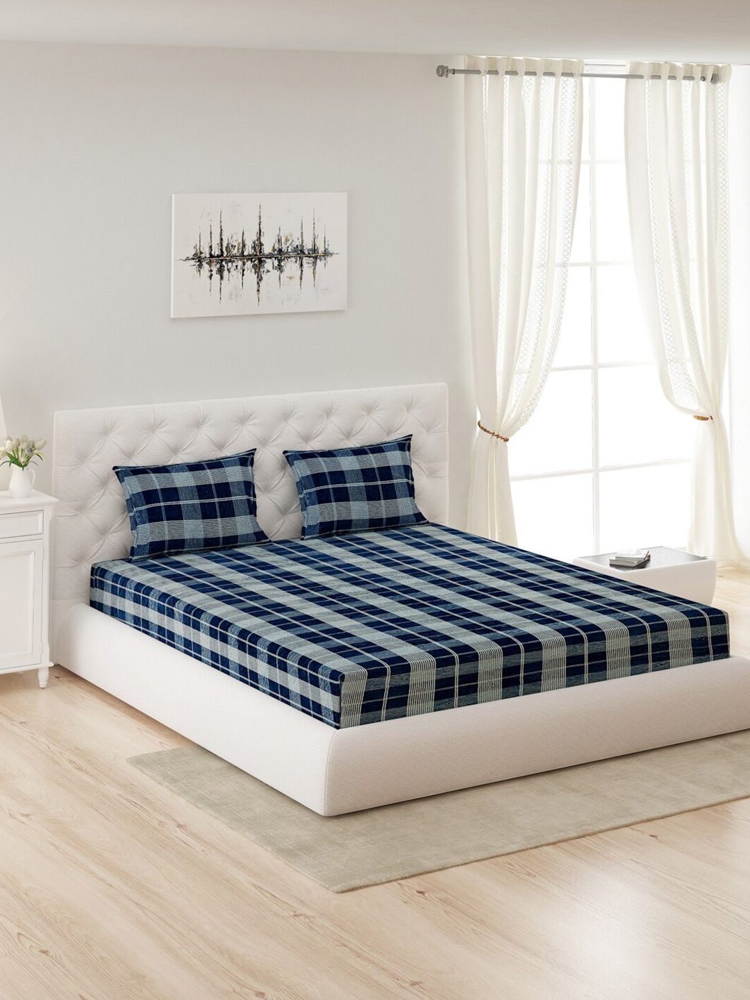 

Monte Carlo Blue Geometric 280 GSM Queen Bedsheet with 2 Pillow Cover, Navy blue