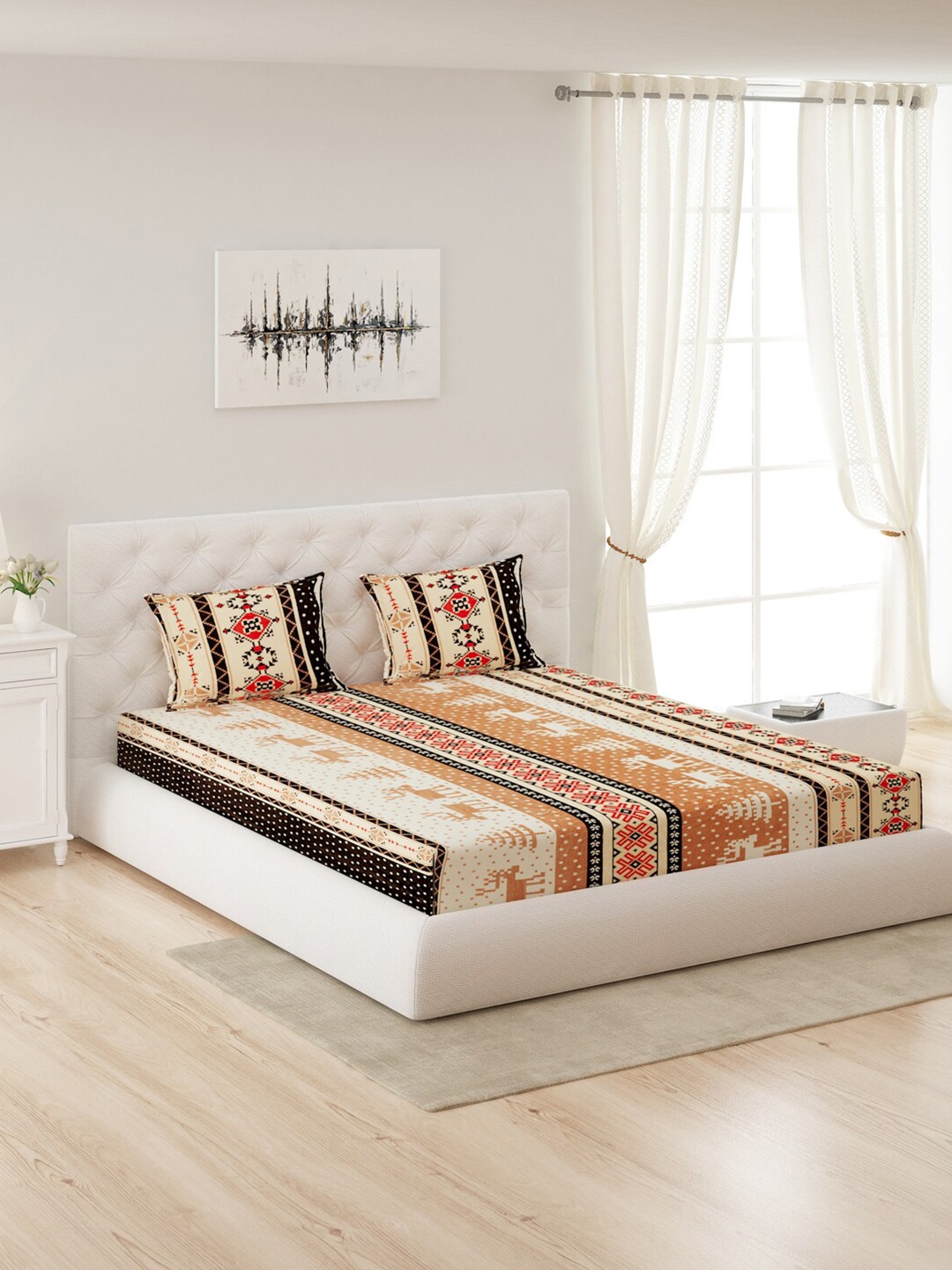

Monte Carlo White & Orange Ethnic Motif Printed 280 GSM Queen Bedsheet with 2 Pillow Cover