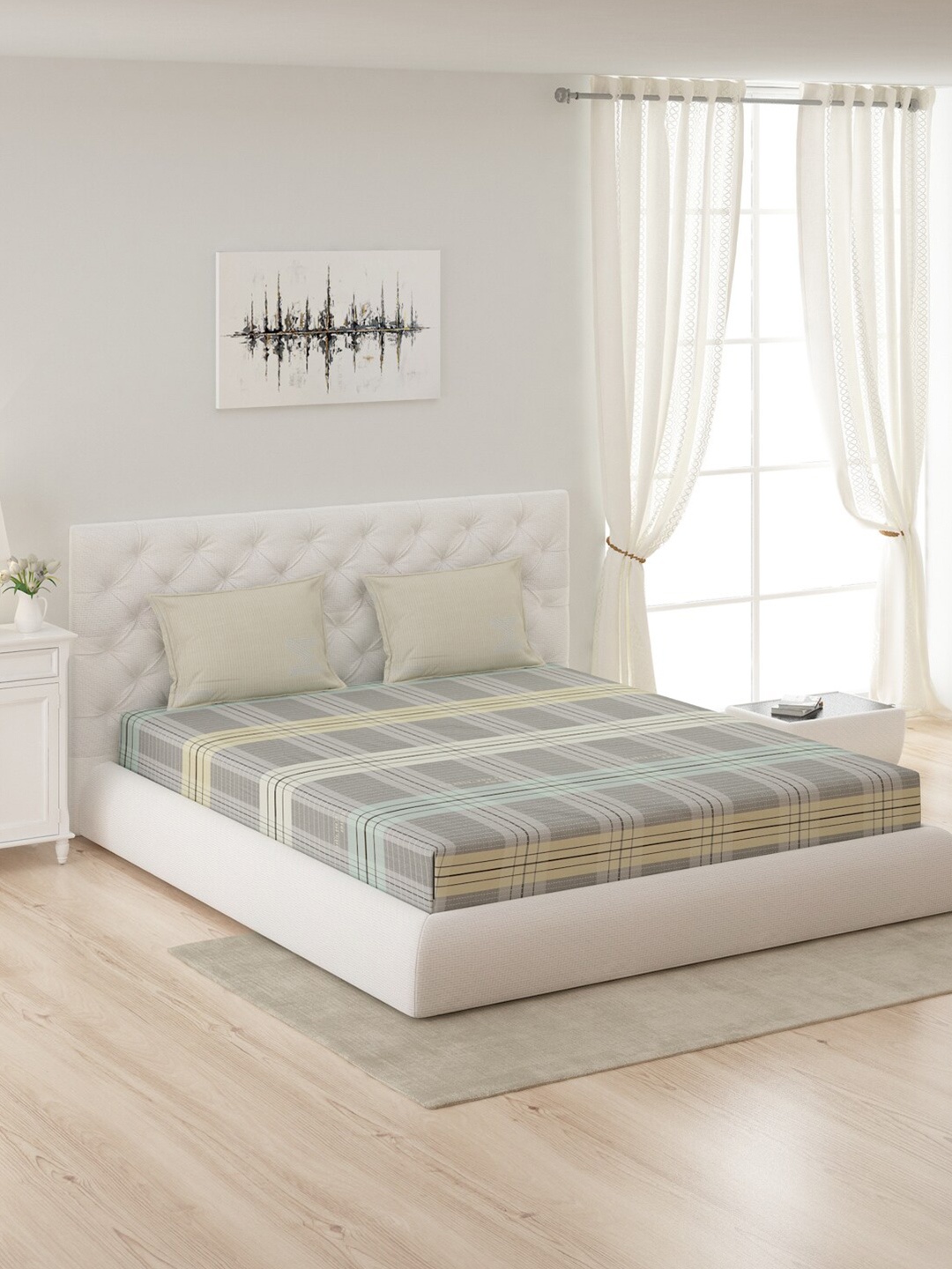 

Monte Carlo Grey & Green Geometric 210 TC Cotton King Bedsheet with 2 Pillow Covers