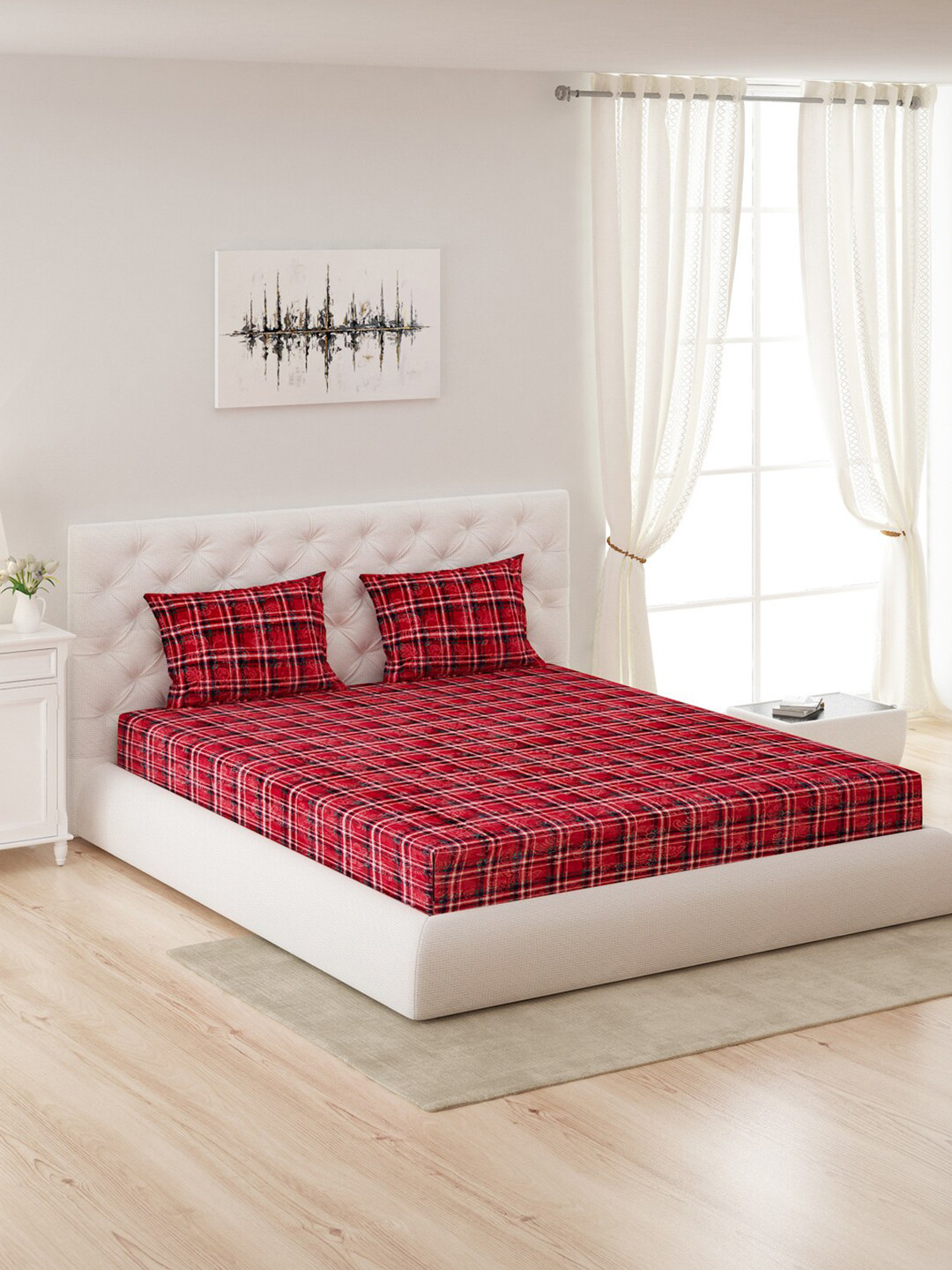 

Monte Carlo Red Checked 300 GSM Queen Bedsheet with 2 Pillow Cover